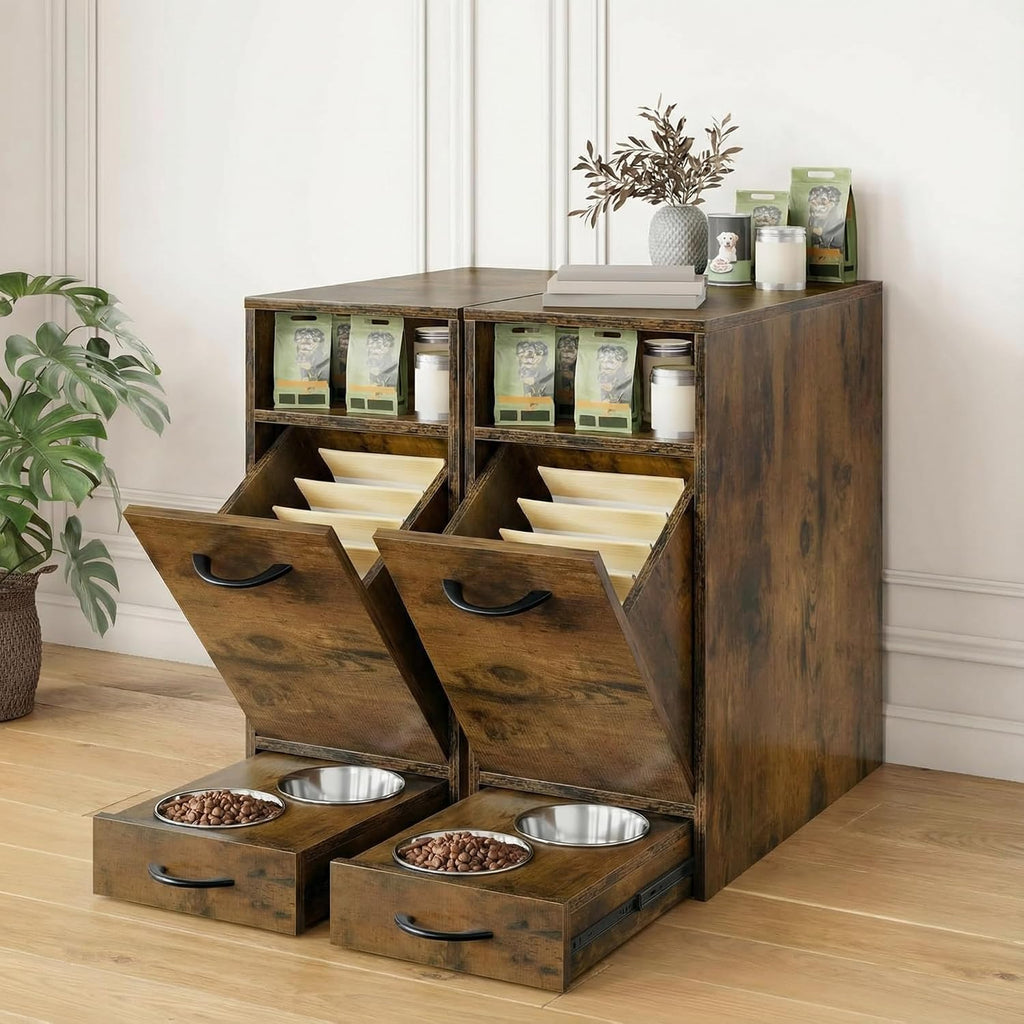 DWVO 30.6' Dog Feeding Station with Storage, Tilt-Out Dog Food Cabinet with 4 Feeder Bowls, Pull Out Elevated Dogs Bowl, Rustic Brown