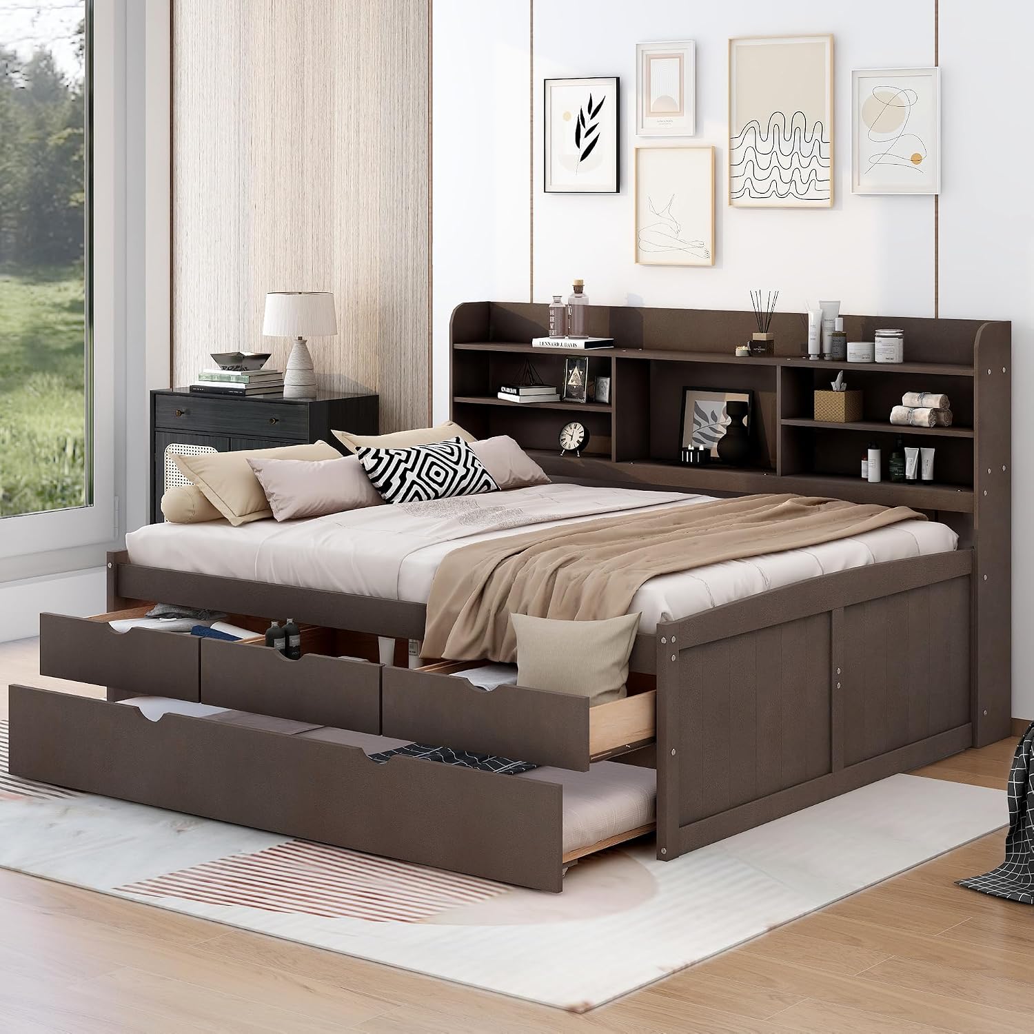 Full Size Corner Bed Frame with Storage Drawers and Trundle,Wooden Captain Bed Frame with Storage Bookshelves Headboard for Living Room Bedroom,No Box Spring Needed, Space Saving,Antique Gray