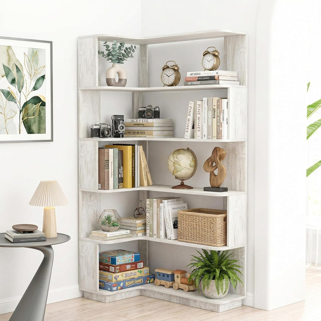6 Tier Corner Bookshelf, Freestanding L-Shaped Wooden Bookcase with Open Shelves, Anti-Fall Panels and Anti-Tipping Device for Living Room, Home Office (Light Gray with Right Extension)