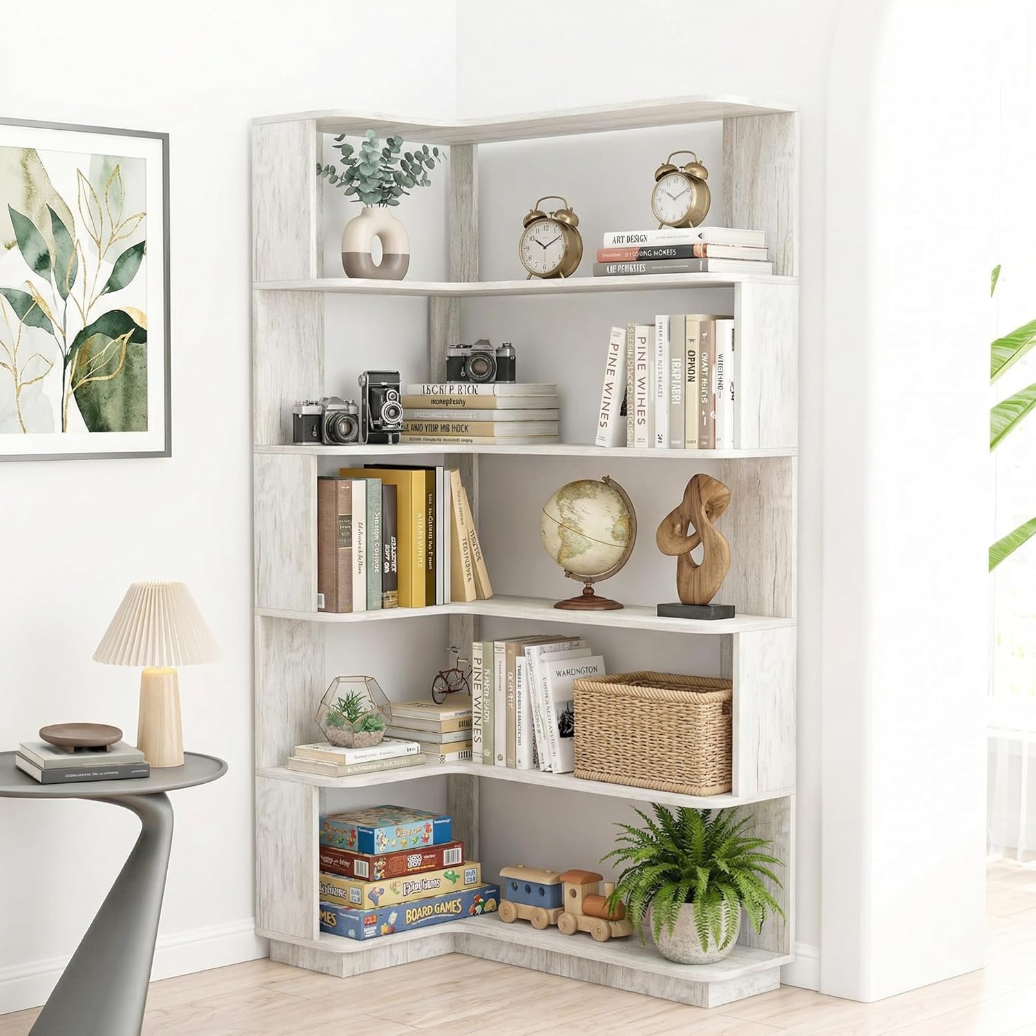 6 Tier Corner Bookshelf, Freestanding L-Shaped Wooden Bookcase with Open Shelves, Anti-Fall Panels and Anti-Tipping Device for Living Room, Home Office (Light Gray with Right Extension)