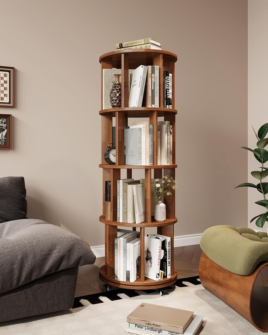 4-Tier Solid Wood Rotating Bookshelf on Wheels, 360° Spinning Book Shelf Tower, Round Revolving Bookcase Organizer, Rolling Bookshelves for Small Spaces, Corner, Bedroom, Kids Room, Office, Walnut