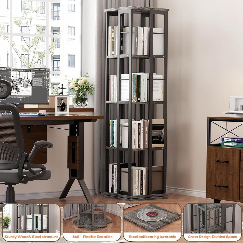 Aheaplus Rotating Bookshelf, 4-Tier Corner Bookshelf, 360 Display Wood Spinning Bookshelf, Floor Standing Bookcase Narrow Shelf Revolving Organizer Storage Rack for Small Space, Grey Oak
