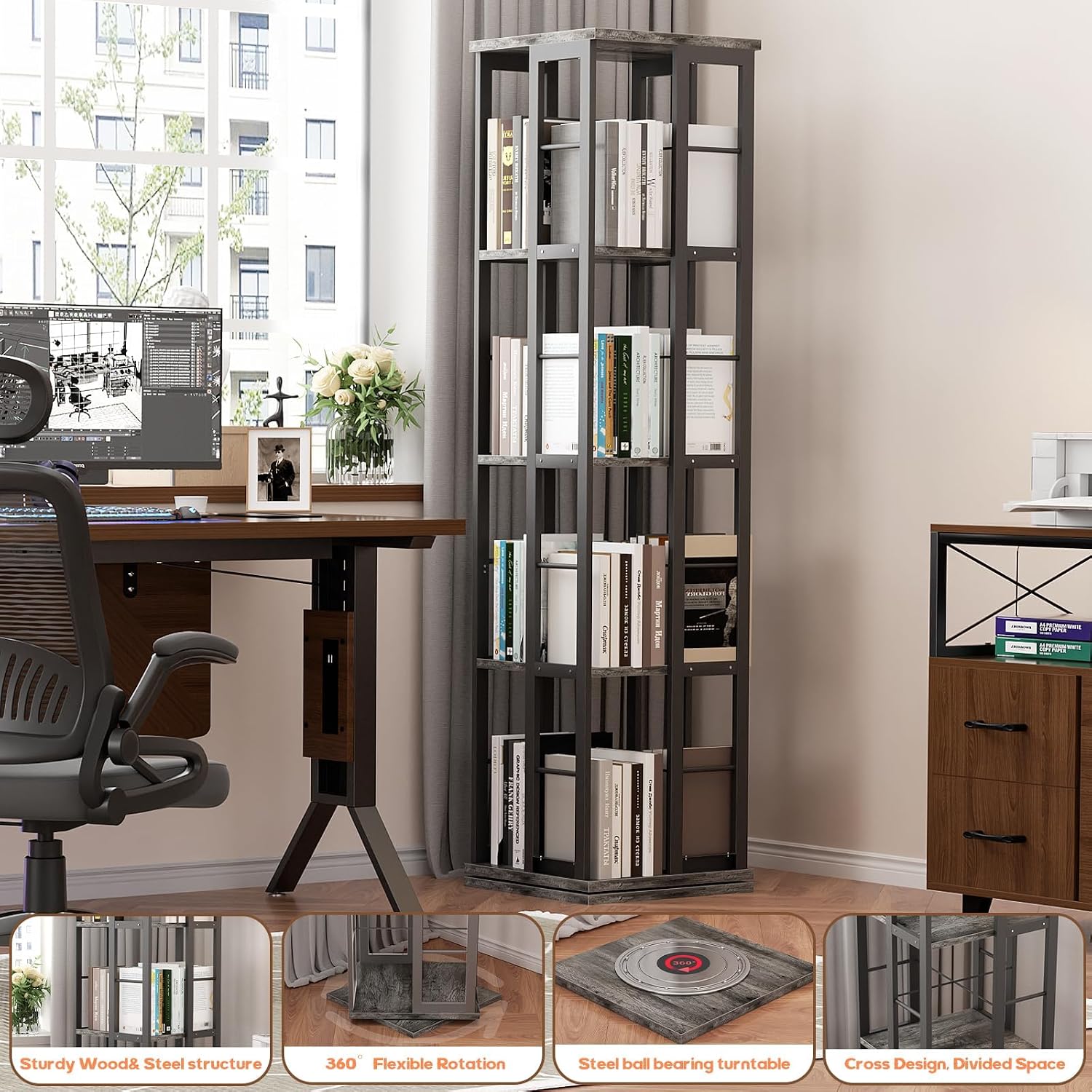 Aheaplus Rotating Bookshelf, 4-Tier Corner Bookshelf, 360 Display Wood Spinning Bookshelf, Floor Standing Bookcase Narrow Shelf Revolving Organizer Storage Rack for Small Space, Grey Oak