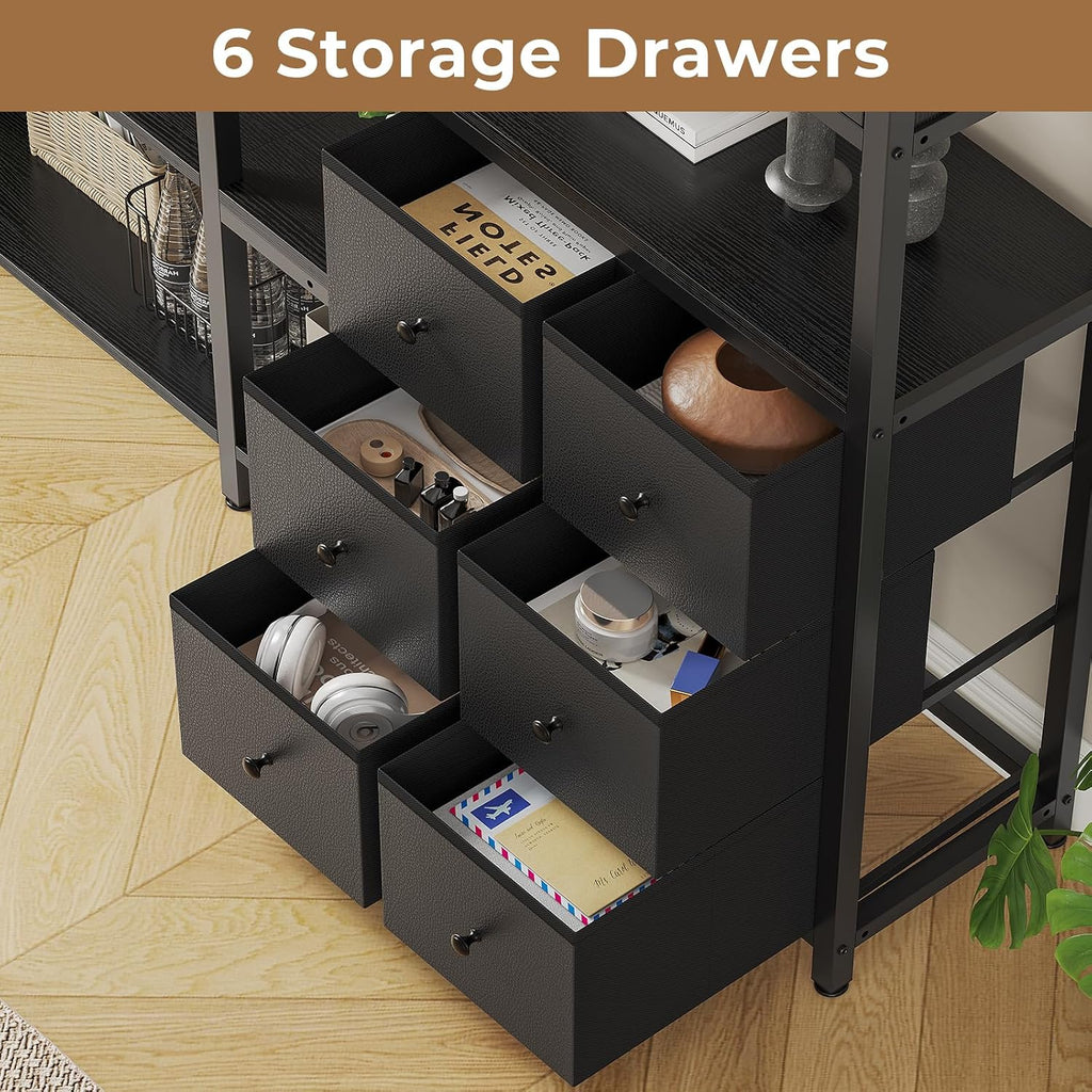 HAUOMS Corner Bookshelf, 6 Tier Industrial Convertible Bookshelf with 6 Fabric Drawers, Corner Bookcase Large L Shaped Storage Display Shelf for Home Office, Living Room, Kitchen, Black