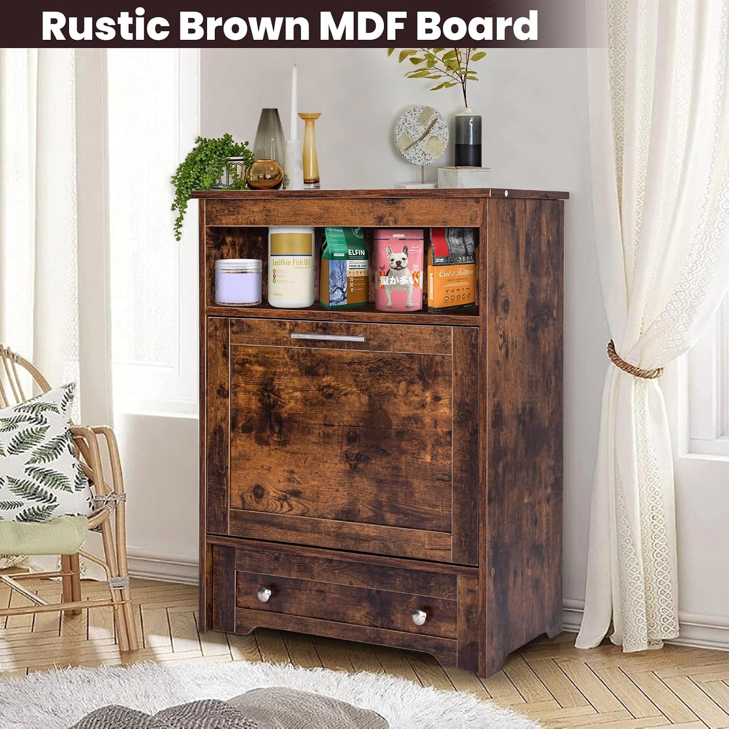 Dog Feeding Station with Storage,Pet Feeding Station Food Storage Cabinet with 2 Elevated Dog Bowls for Water and Feeding Supplies,Dog & Cat Storage Organizer with Drawer,Brown