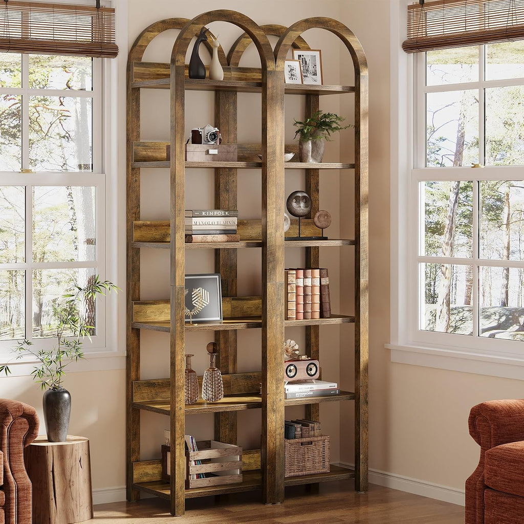 Tribesigns 6-Tier Narrow Bookshelf, 71' Tall Arched Bookcase with Shelves for Small Space, Skinny Wooden Display Shelf Open Storage Rack for Living Room, Home Office, Bathroom, Kitchen, Brown, 2PCS