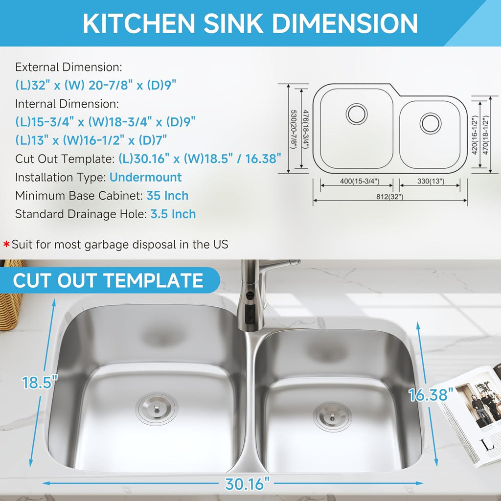 32 Inch Undermount 60/40 Double Bowl Kitchen Sink, 18 Gauge 304 Stainless Steel Curved Shape Deep Kitchen Sinks, Strainer Included, 32' x 20' x 9'