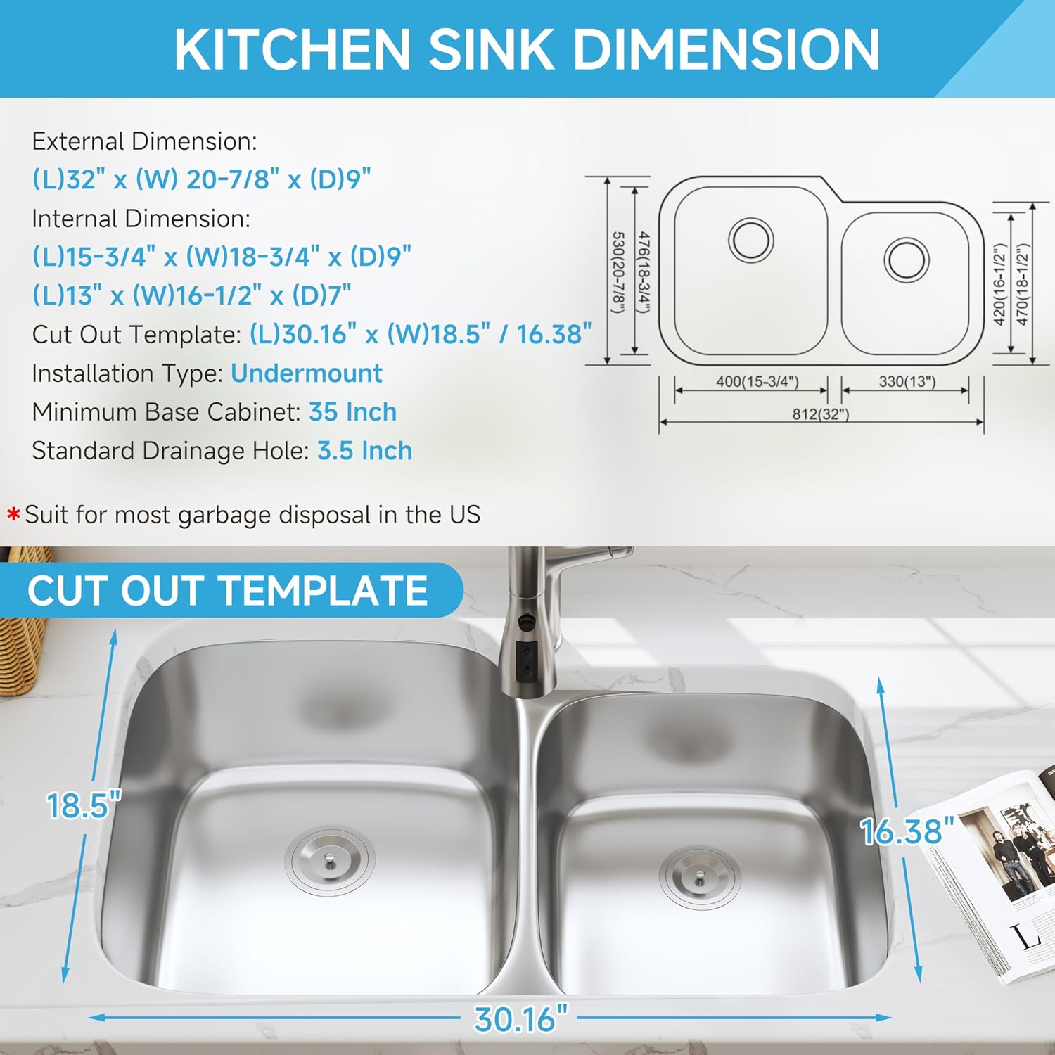 32 Inch Undermount 60/40 Double Bowl Kitchen Sink, 18 Gauge 304 Stainless Steel Curved Shape Deep Kitchen Sinks, Strainer Included, 32' x 20' x 9'