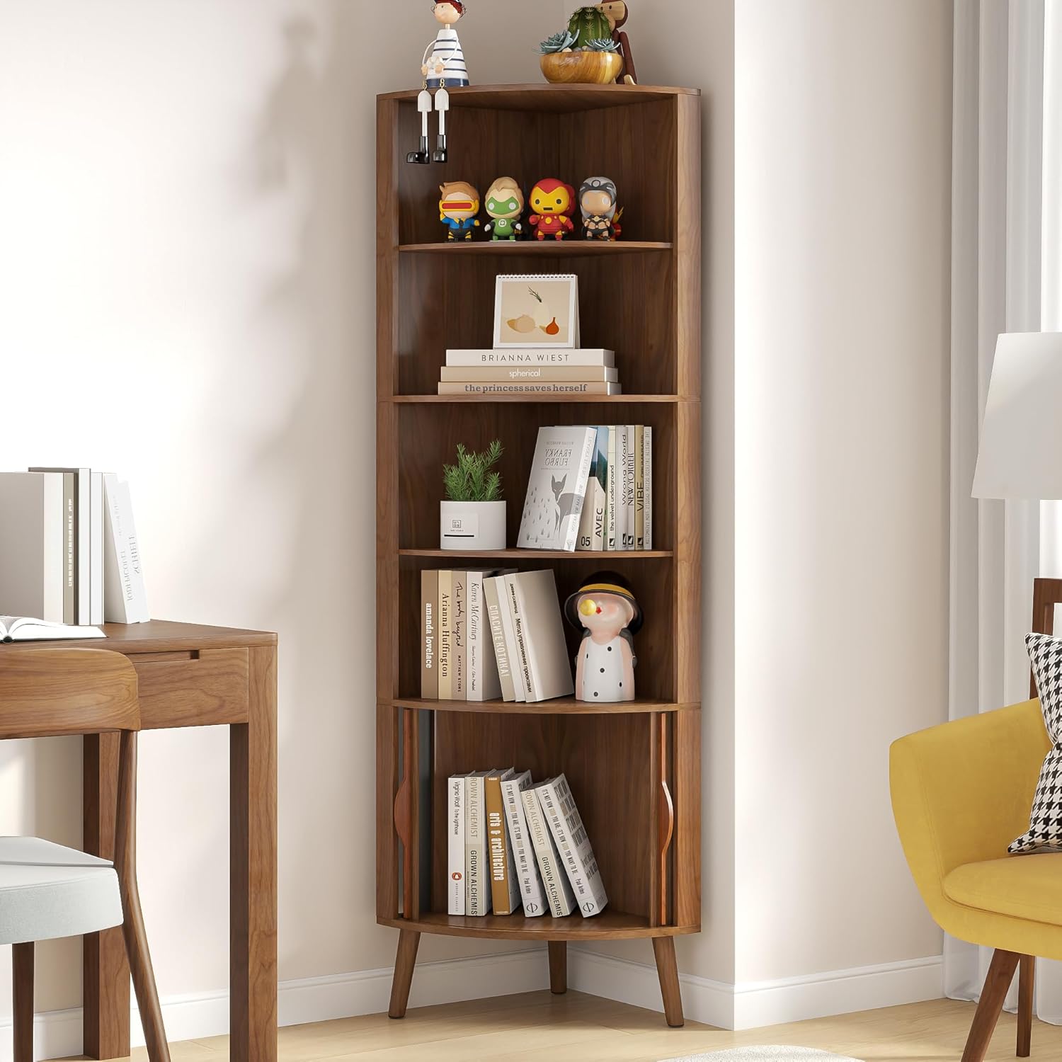 5-Tier Corner Shelf, 66.73''Tall Modern Corner Bookshelf, 5 Shelf Bookcase with 2 Fluted Doors, Freestanding Wood Corner Display Storage Shelf Organizer for Living Room, Office (Walnut)