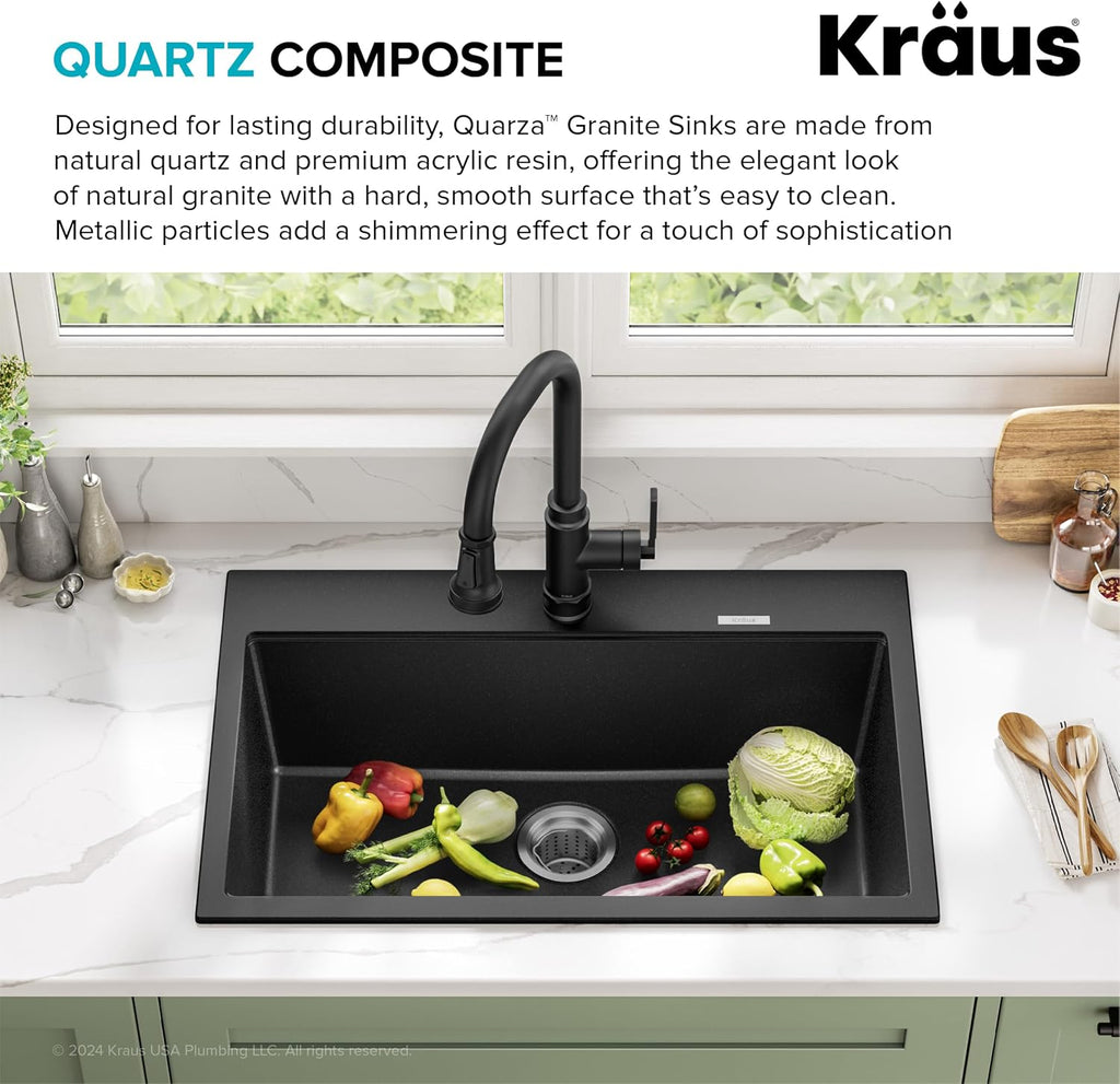 KRAUS Quarza 31-inch Drop-In/Undermount Single Bowl Granite Kitchen Sink in Black Onyx, KGD-412B