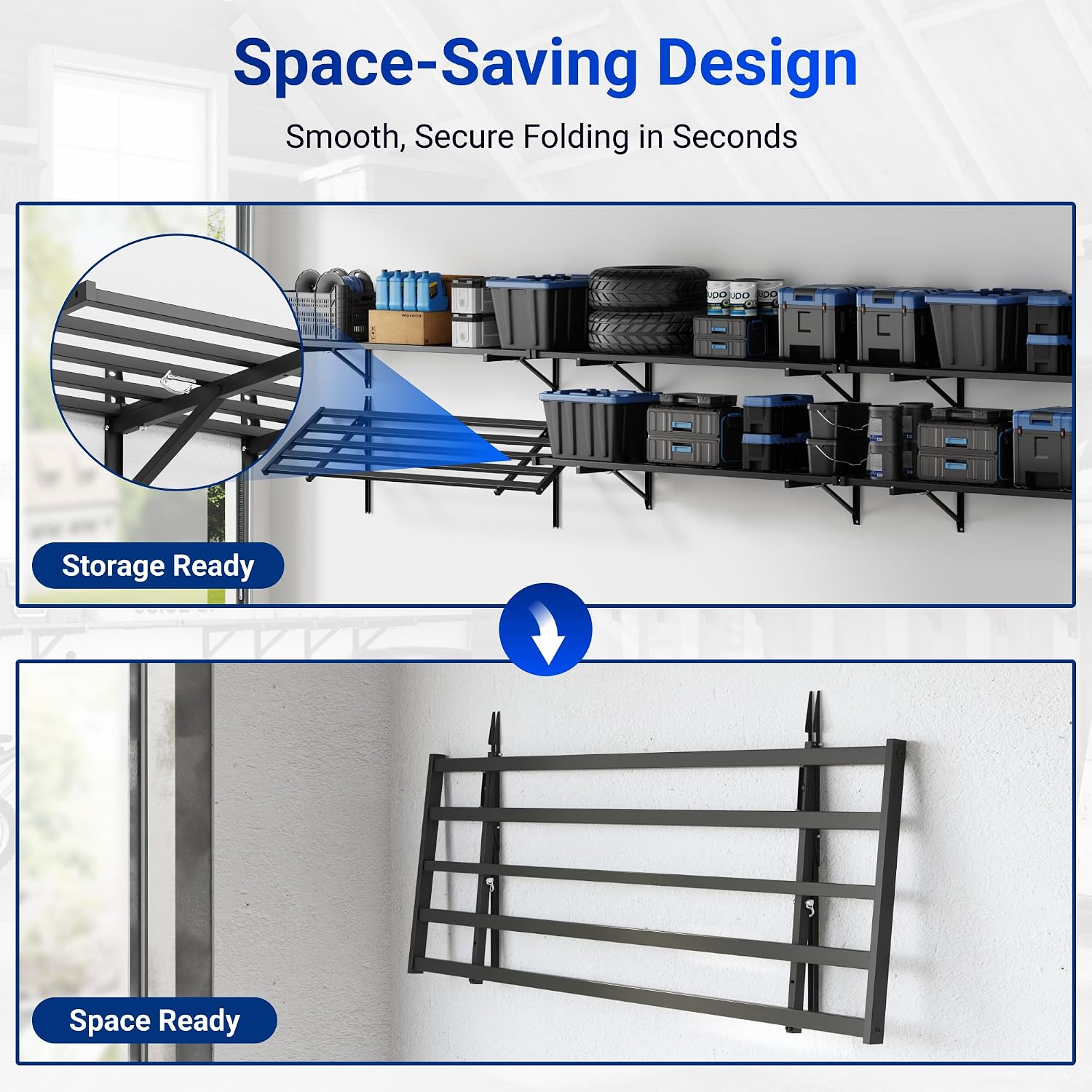 FLEXIMOUNTS Fold-Down 2x4ft Garage Wall Shelving, 4-Pack Heavy Duty Folding Garage Shelving Wall Mounted, 600 lbs Capacity, Storage for Power Tools, Garden Supplies & Seasonal Storage, Lite Series
