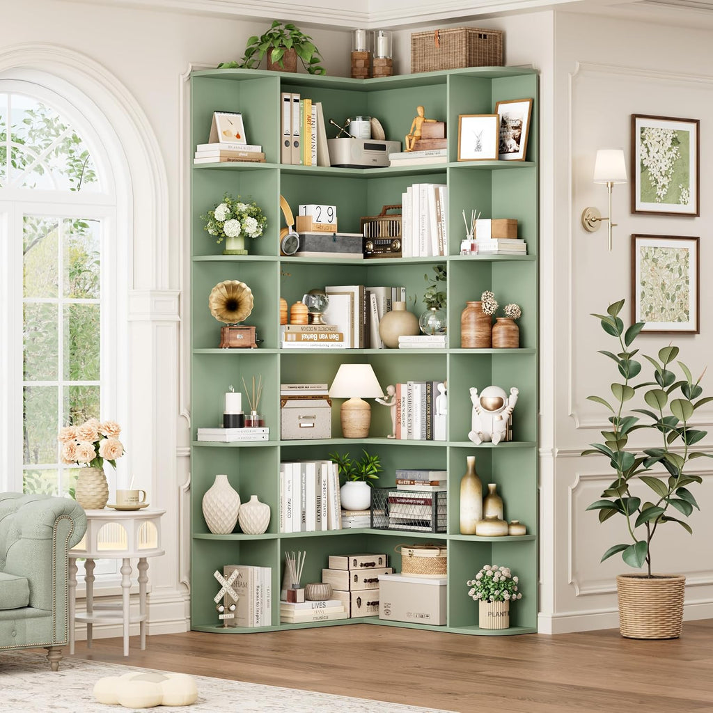 FOTOSOK 72' Tall Corner Bookshelf, 6-Tier Bookshelf and Bookcase with Open Storage, Tall Bookcases Wooden Storage Shelves for Home Office, Thickened Boards for Better Load Bearing, Green