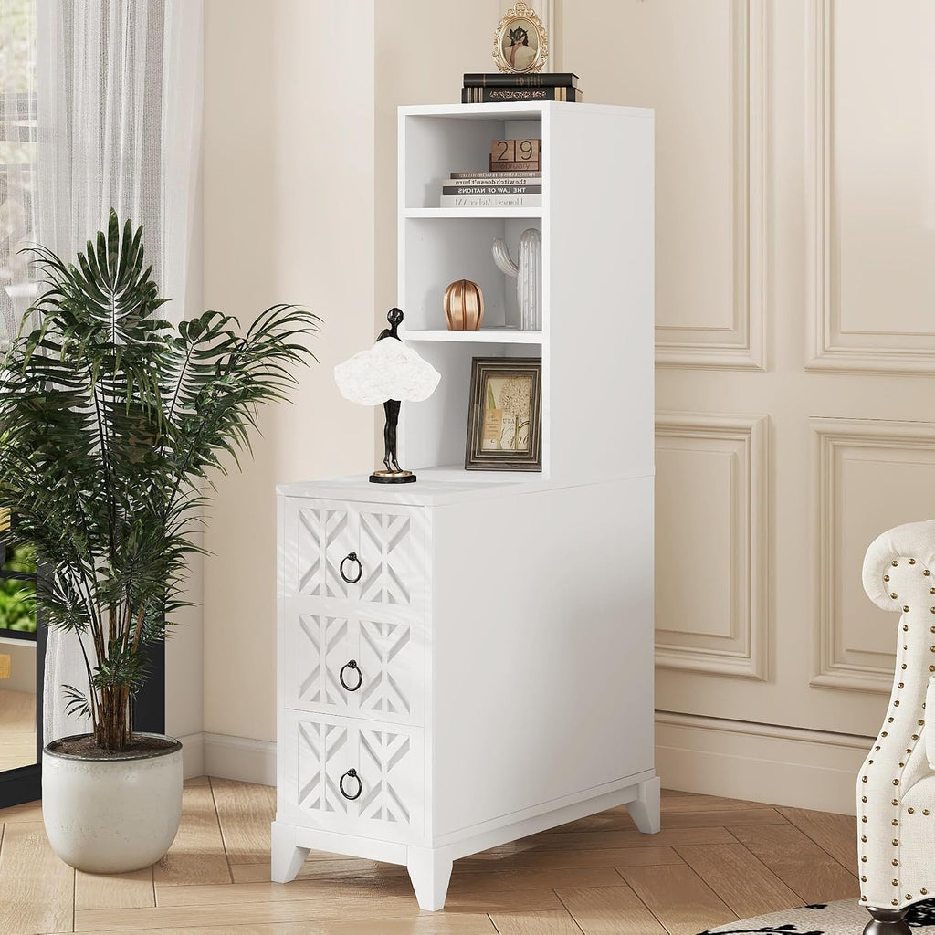 End Table with 3 Drawers & 2 Adjustable Shelves,Corner Table with USB & AC Charge Station,X-Shaped Carved Front,Solid Wood Frame,Tall Narrow Side Tables for Bedroom,Living Room,Small Space,White