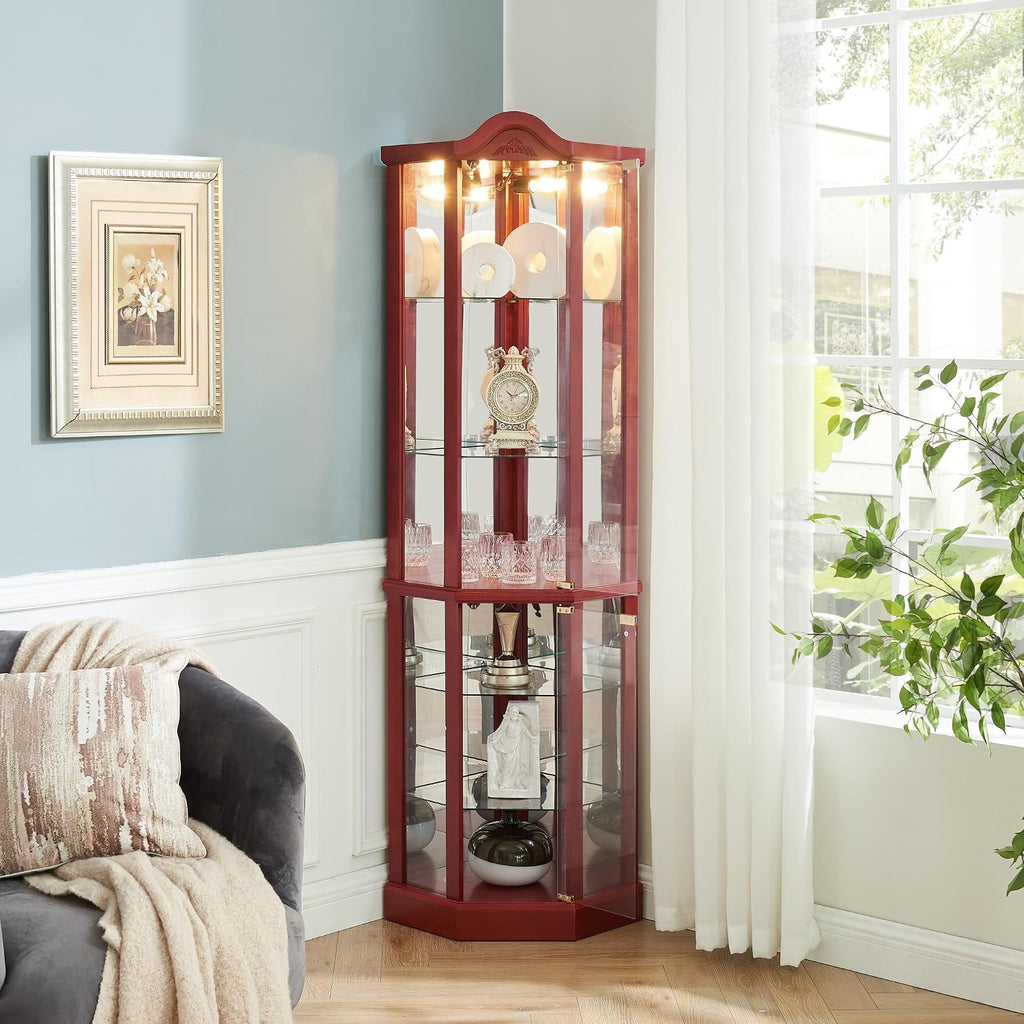 72' H Lighted Corner Curio Cabinet, Wooden Curio Cabinet with Tempered Glass Doors, 6-Tier Shelves Corner Cabinet with Glass, Liquor Display Storage Rack for Living Room(Cherry)