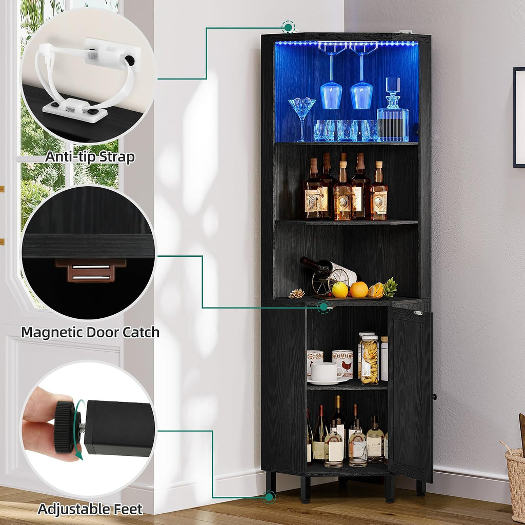 YITAHOME Corner Bar Cabinet with LED Lights & Glass Holder, 5 Tier Corner Shelf with Storage, Wine Rack Cabinet Display Shelves for Living Room, Dining Room, Kitchen, Black