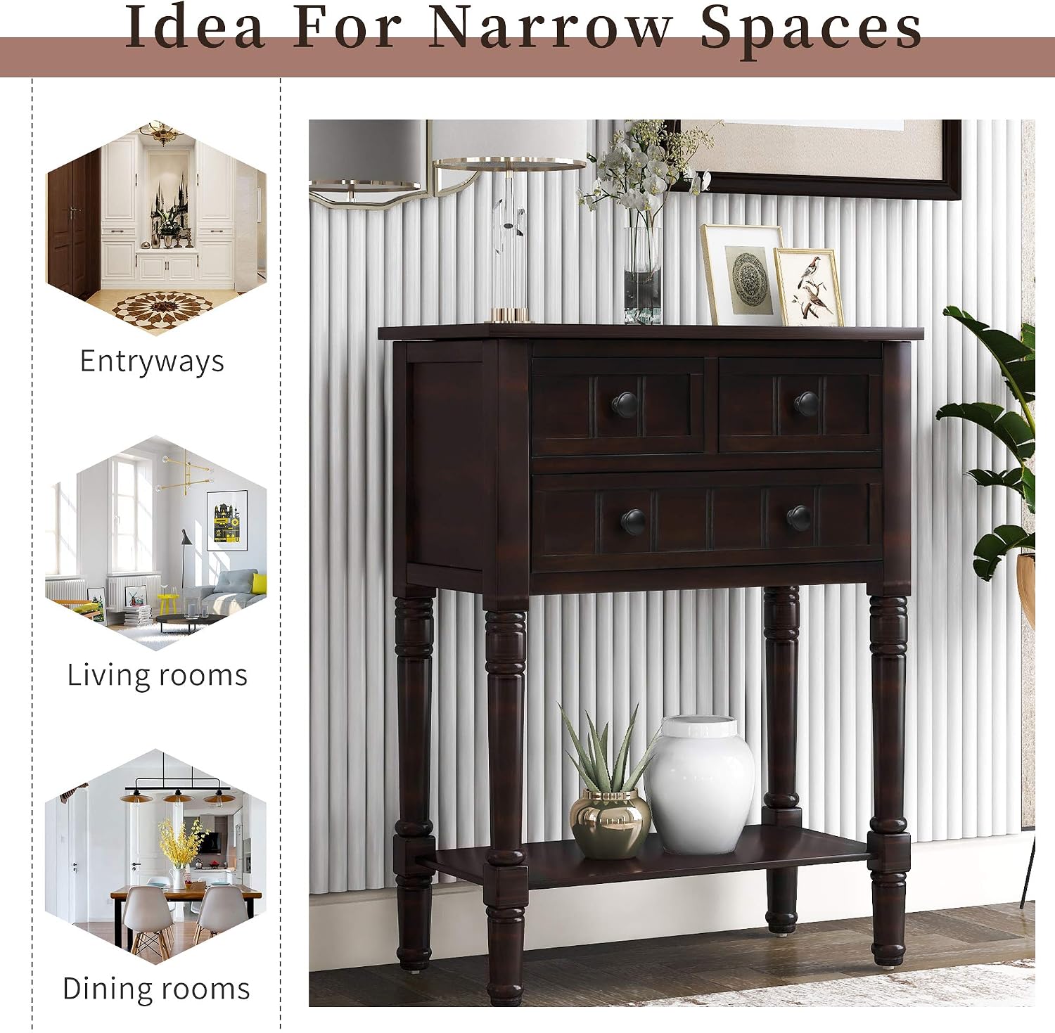 P PURLOVE Narrow Console Table, Farmhouse Entryway Table Slim Sofa Table with Three Storage Drawers and Bottom Shelf, Wood Entry Table for Living Room,Easy Assembly,Espresso