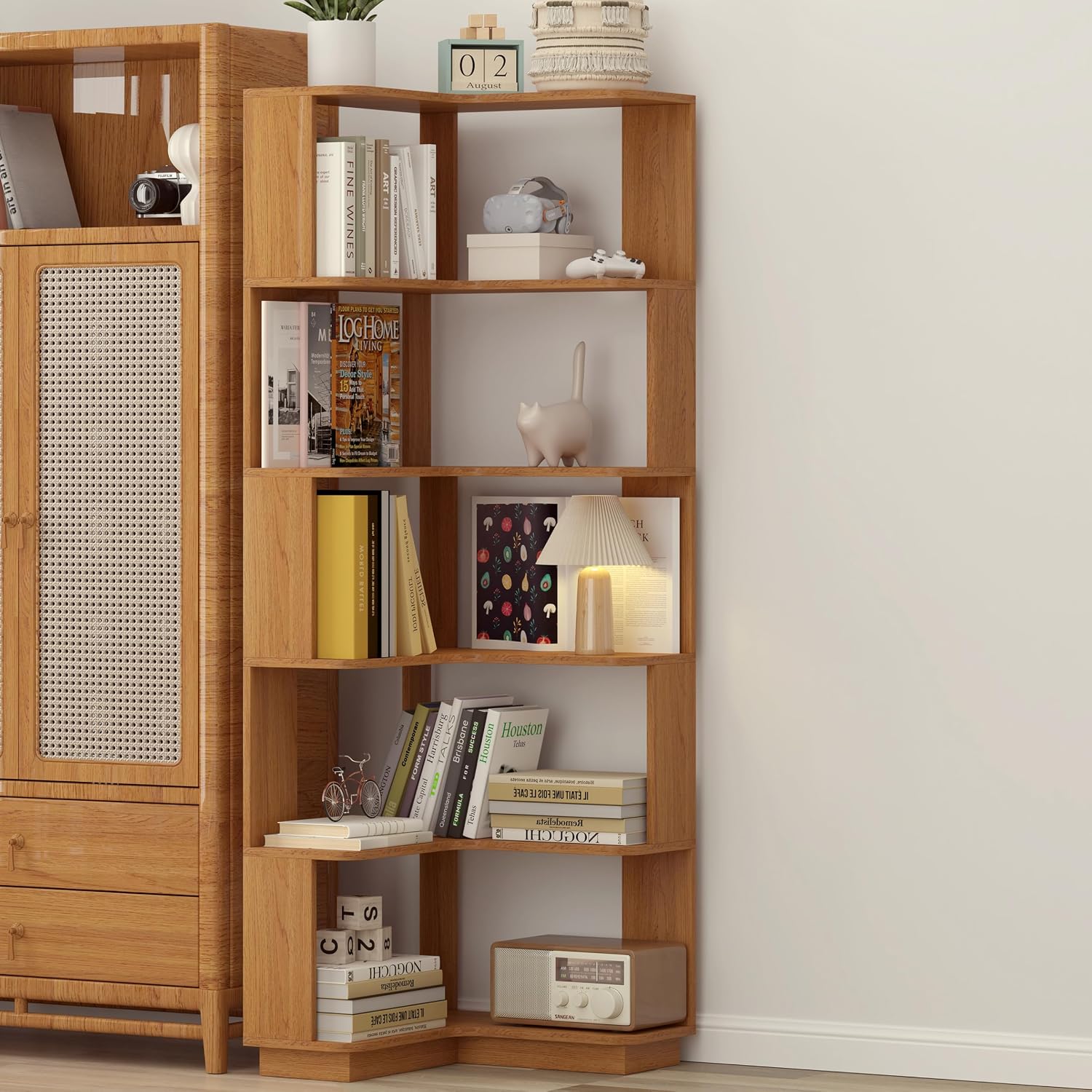 GDFStudio 64.6' Tall L-Shaped Corner Bookshelf, 6-Tier Freestanding Corner Shelf Bookcase with Anti-Drop Panels, Wooden Open Back Display Shelves Organizer for Living Room Bedroom Office, Dark Oak