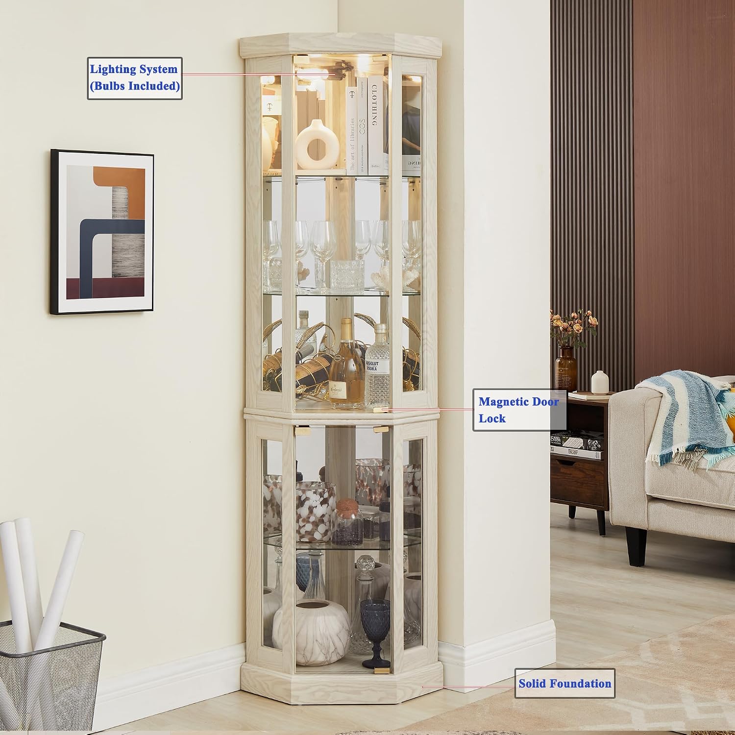 69' H Lighted Corner Curio Cabinet, 5-Tier Curio Glass Display Cabinet w/Door & Adjustable Glass Shelves, Wooden Display Showcase Corner Storage Cabinet for Living Room(Antique White)