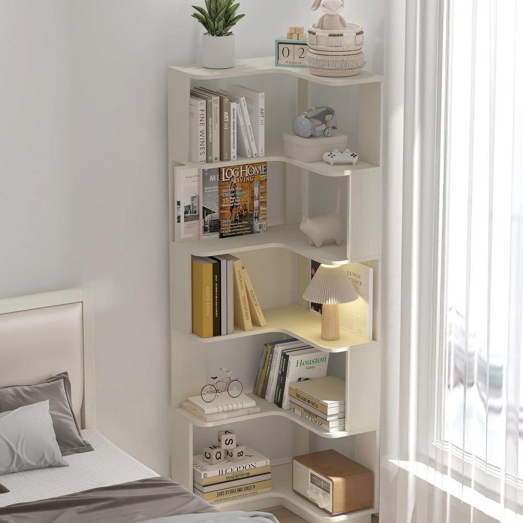 GDFStudio 64.6' Tall L-Shaped Corner Bookshelf, 6-Tier Freestanding Corner Shelf Bookcase with Anti-Drop Panels, Wooden Open Back Display Shelves Organizer for Living Room Office Bedroom, White Oak