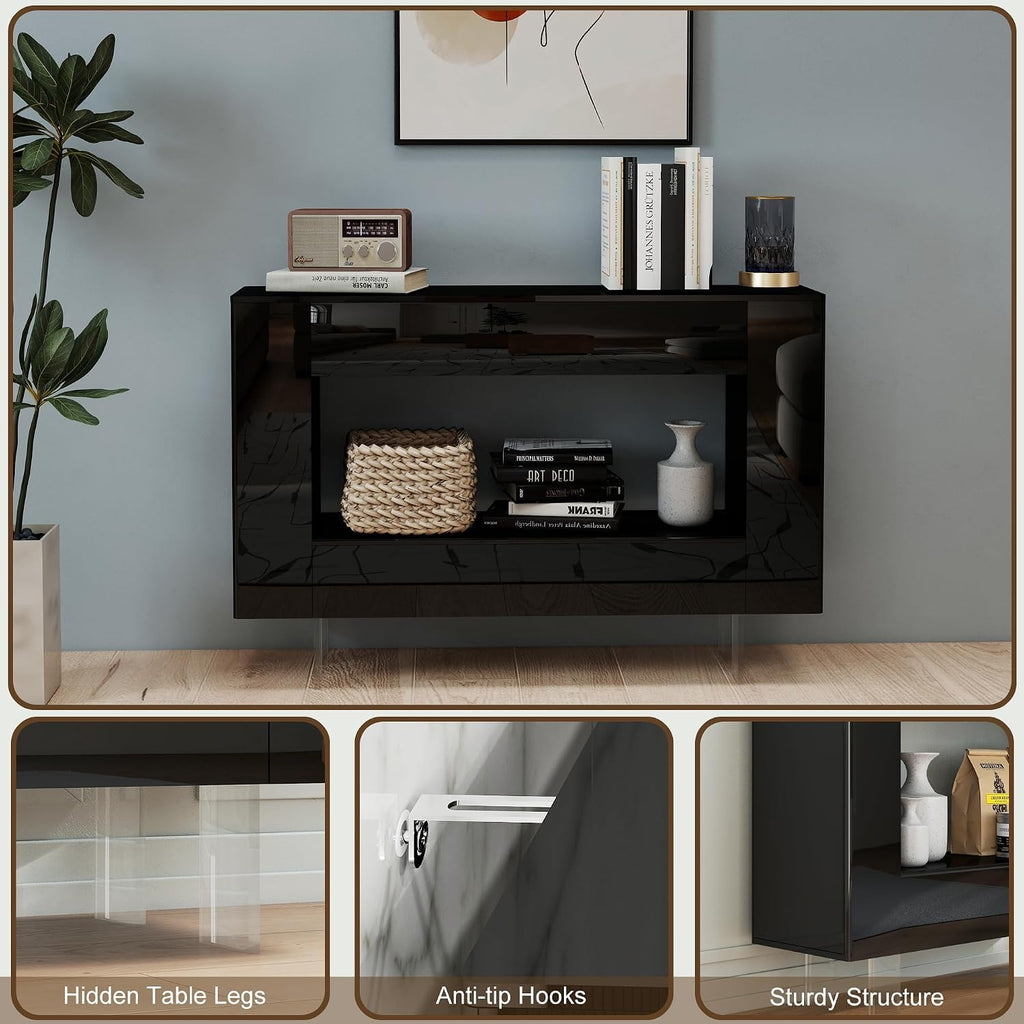 High Gloss Console Table with Hidden Side Storage Cabinets, Adjustable Shelves, Black Modern Black Entryway Sofa Table for Behind The Couch, Living Room, Hallway,
