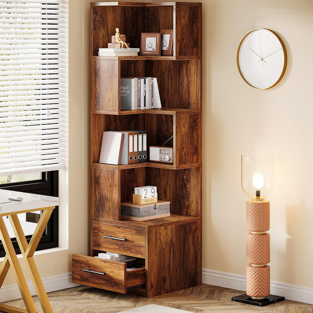Tribesigns 5-Tier Corner Bookshelf with 2 Drawers, 66.9-Inch Tall Corner Bookcase Shelf, Mid-Century Modern Corner Storage Cabinet Display Rack Shelf for Living Room, Home Office (Rustic Brown)