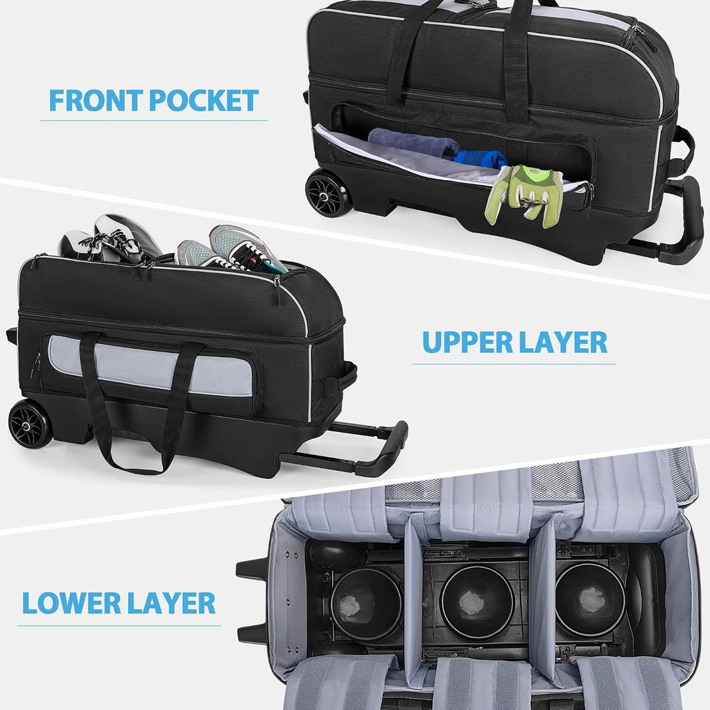 GOBUROS 3 Ball Roller Bowling Bag with Multi Accessory Pockets and Shoes Compartment, Fits 2 Pairs of Size 16 Shoes, 3 Ball Bowling Bags with Large Wheels and Retractable Handle Extends to 41.5'