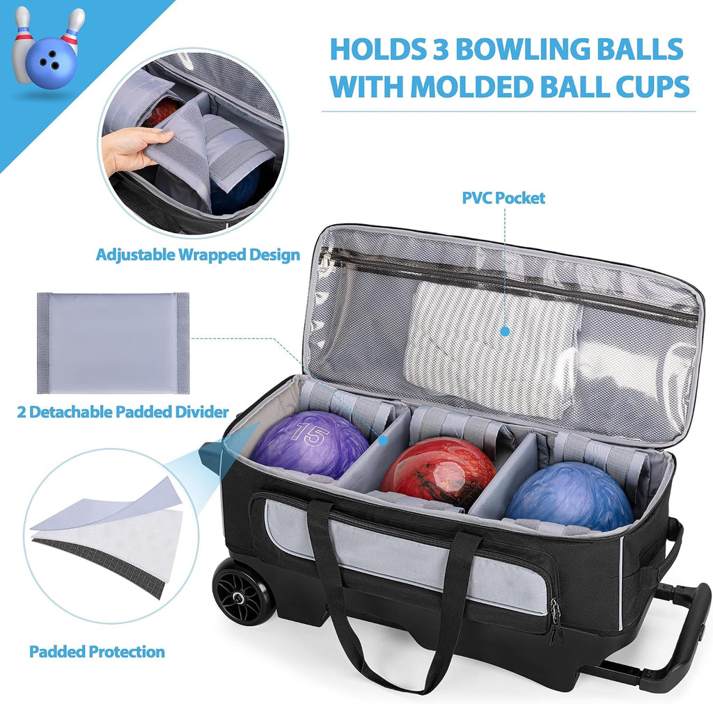 GOBUROS 3 Ball Roller Bowling Bag with Multi Accessory Pockets and Shoes Compartment, Fits 2 Pairs of Size 16 Shoes, 3 Ball Bowling Bags with Large Wheels and Retractable Handle Extends to 41.5'