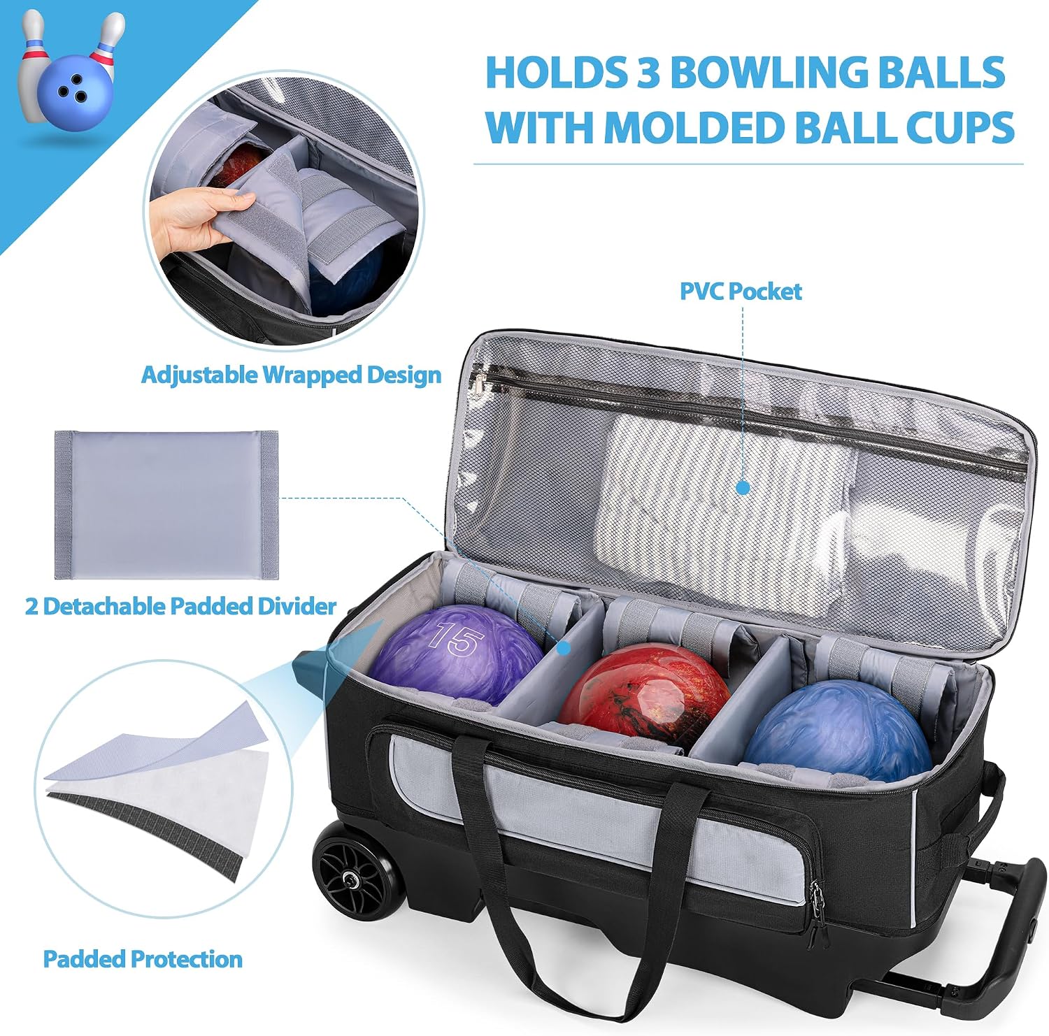 GOBUROS 3 Ball Roller Bowling Bag with Multi Accessory Pockets and Shoes Compartment, Fits 2 Pairs of Size 16 Shoes, 3 Ball Bowling Bags with Large Wheels and Retractable Handle Extends to 41.5'
