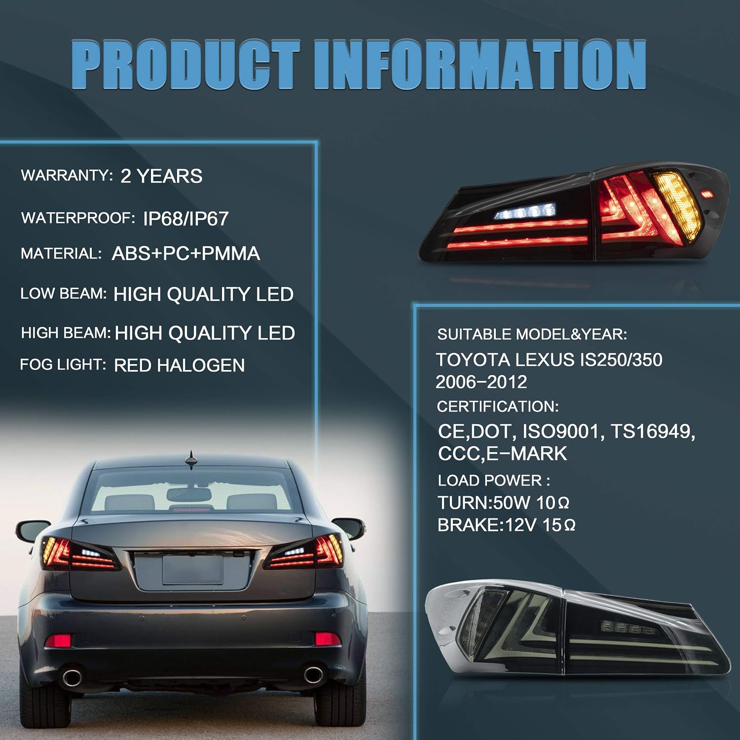 VLAND Headlights and Tail lights Fit for Lexus IS250 IS350 IS22d 2006-2012, ISF 2008-2014 4-Door Plug-and-play, (Amber+Smoked)