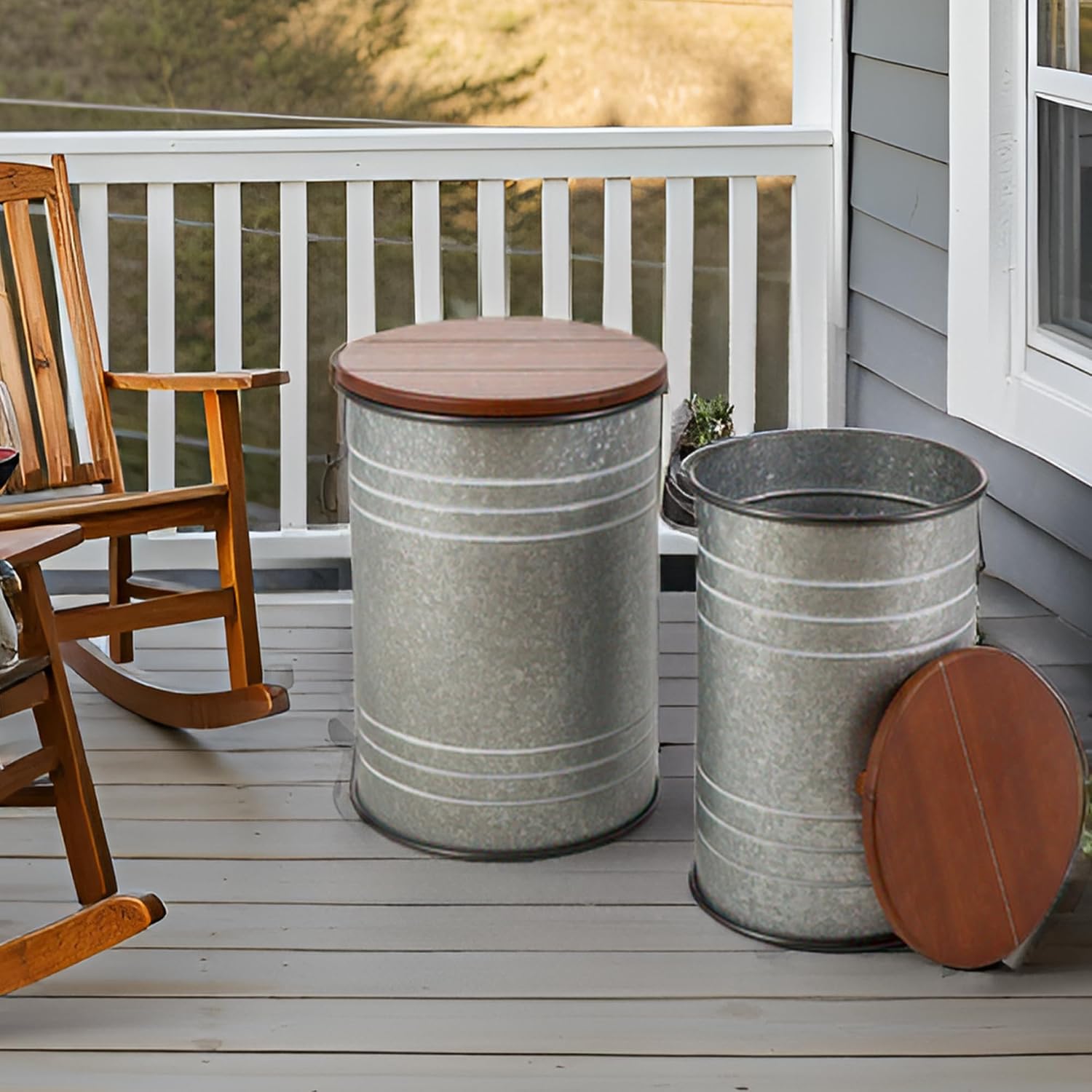 Glitzhome 4-Piece Galvanized Side Table Set, Metal Farmhouse Barrel Toy Box Bins with Round Wood Lid, Rustic Ottoman Seat Stool with Large Storage Space, for Living Room, Bedroom,Grey
