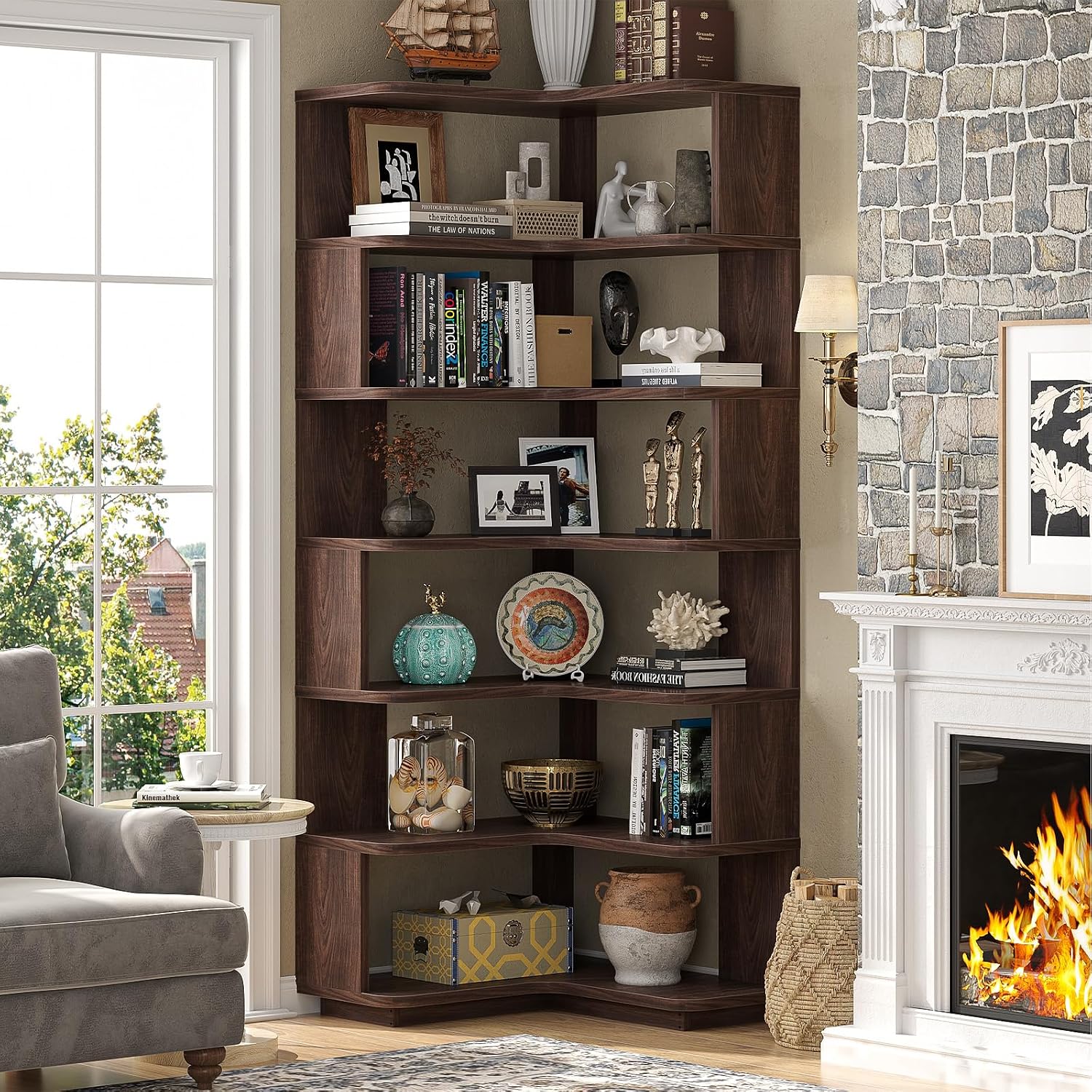 Armocity Corner Book Shelf - 7 Tier Corner Bookshelf Etagere Bookcase with Baffle, Freestanding L Shaped Display Shelf Stand for Home Office, Living Room, Bedroom, Kitchen, Black Walnut