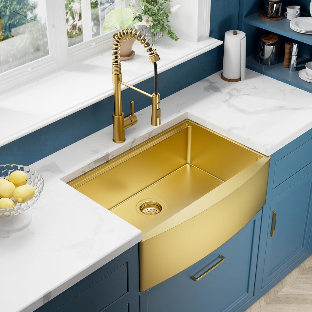 30' Luxury Gold Farmhouse Sink – ALWEN 16 Gauge Workstation Apron Front Sink, 10' Depth Single Bowl with R10 Radius & Accessories