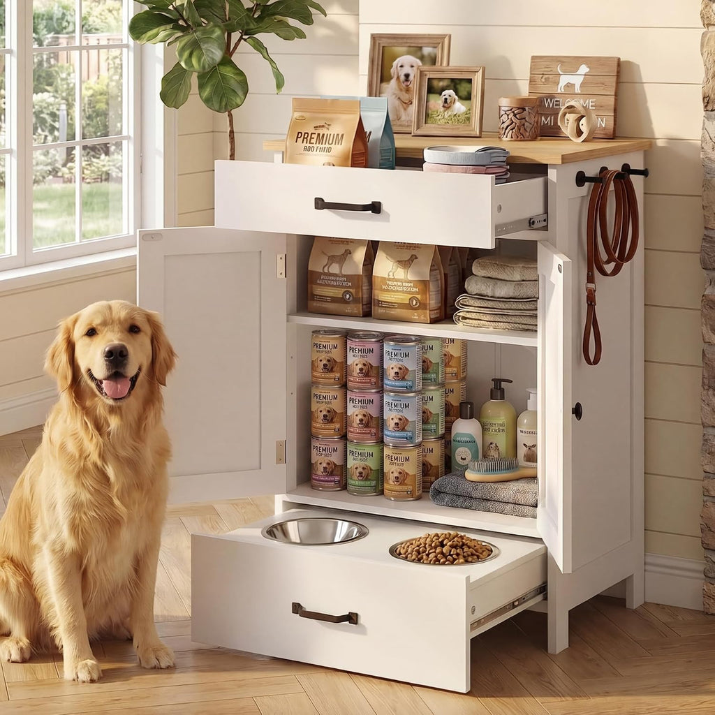 Dog Feeding Station with 2 Elevated Dog Bowls, Food Storage with Adjustable Shelf and Sliding Drawer, Hidden Pet Feeder Station for Cats and Dogs, White
