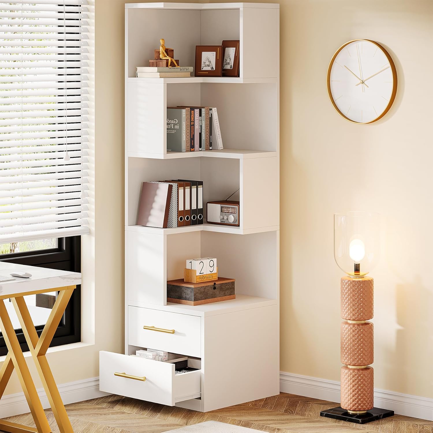 Tribesigns 5-Tier Corner Bookshelf with 2 Drawers, 66.9-Inch Tall Corner Bookcase Shelf, Modern Simple Corner Storage Cabinet Display Rack Shelf for Living Room, Home Office (White)