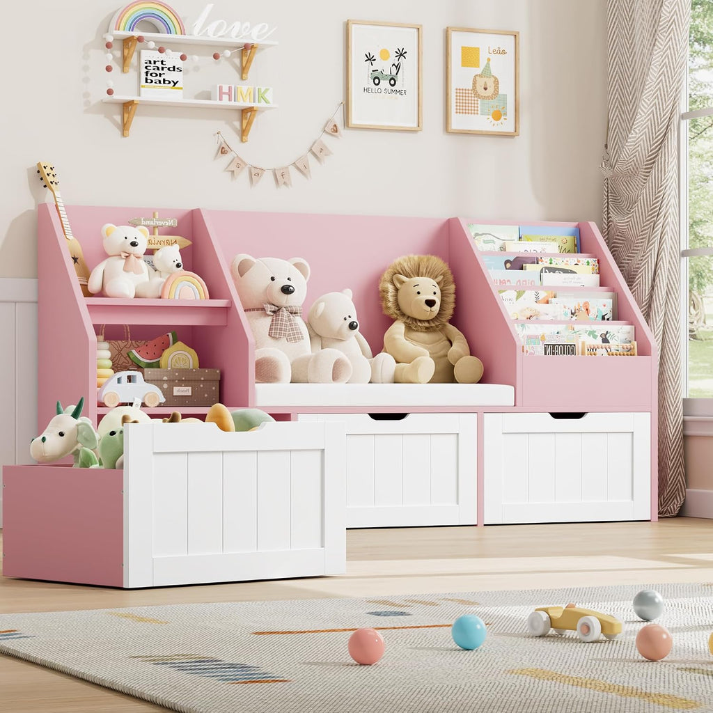 FOTOSOK 55.1'' Kids Bookshelf with Reading Nook, Toy Storage Organizer with Seat Cushion and 3 Movable Drawers, Kids Reading Nook Toy Organizers and Storage with Bench for Playroom, Bedroom, Pink