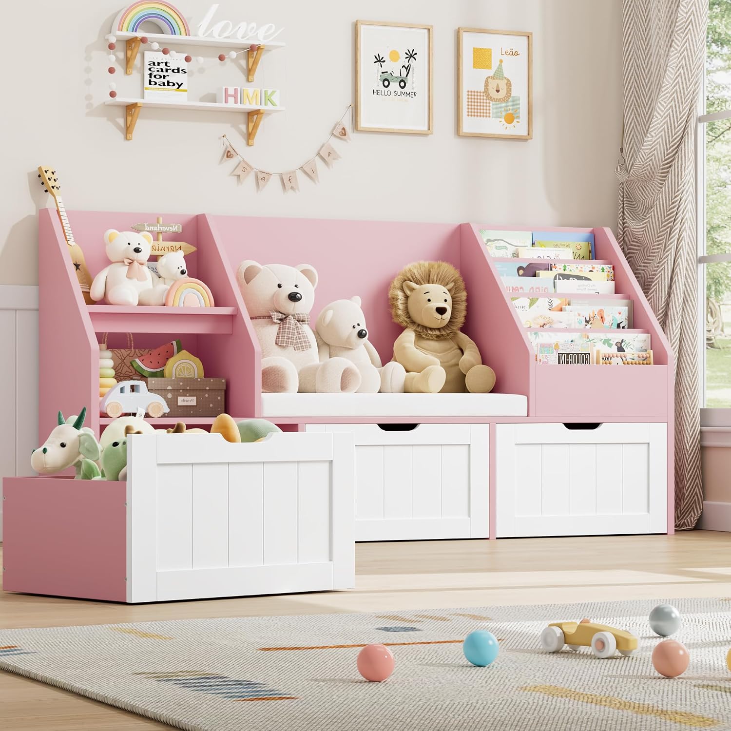 FOTOSOK 55.1'' Kids Bookshelf with Reading Nook, Toy Storage Organizer with Seat Cushion and 3 Movable Drawers, Kids Reading Nook Toy Organizers and Storage with Bench for Playroom, Bedroom, Pink