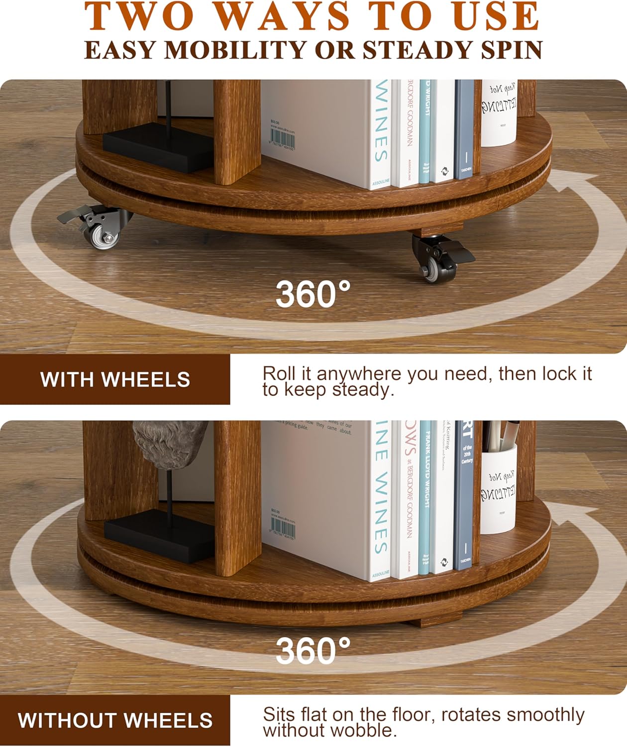6 Tier Solid Wood Rotating Bookshelf on Wheels, 360° Spinning Book Shelf Tower, Round Revolving Bookcase Organizer, Rolling Bookshelves for Small Spaces, Corner, Bedroom, Kids Room, Office — Walnut