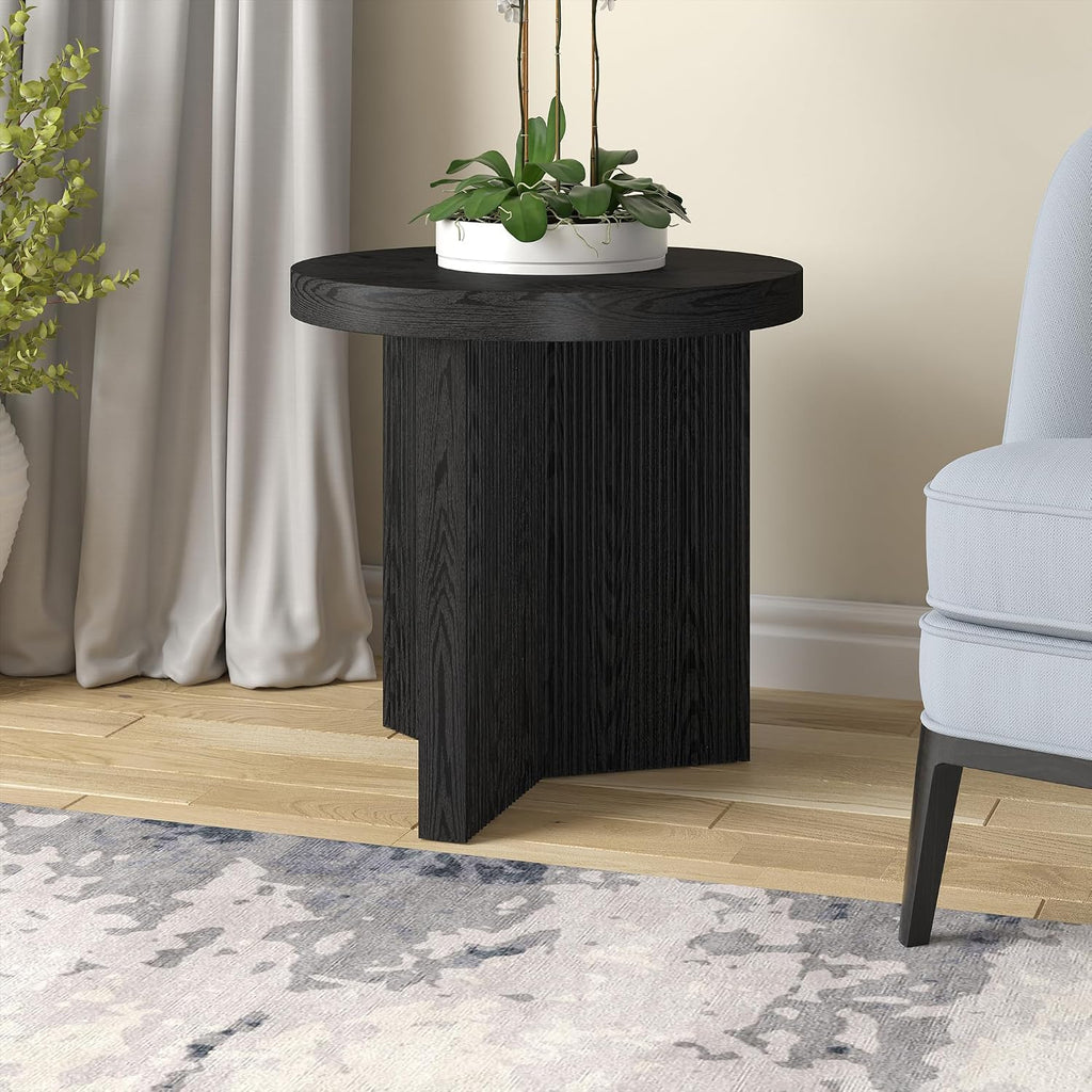 Henn&Hart 22' Fluted Scandinavian Round End Table, Ribbed Side Table, Nightstand for Living Room, Office, Family Room, or Bedroom, Natural Black