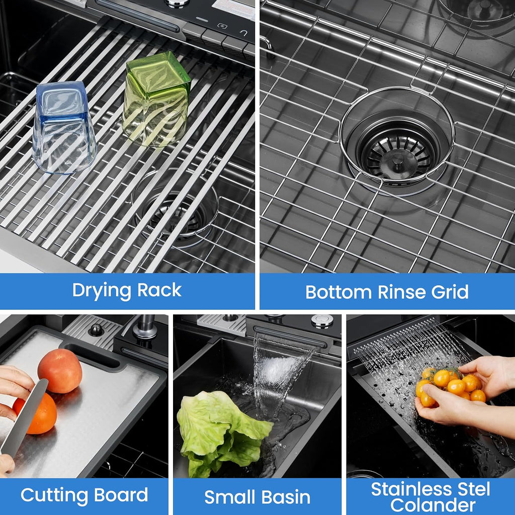 33x22 Inch Smart Waterfal Kitchen Sink Workstation, Gunmetal Black Drop-In Sink Handmade 16 Gauge Stainless Steel Single Bowl