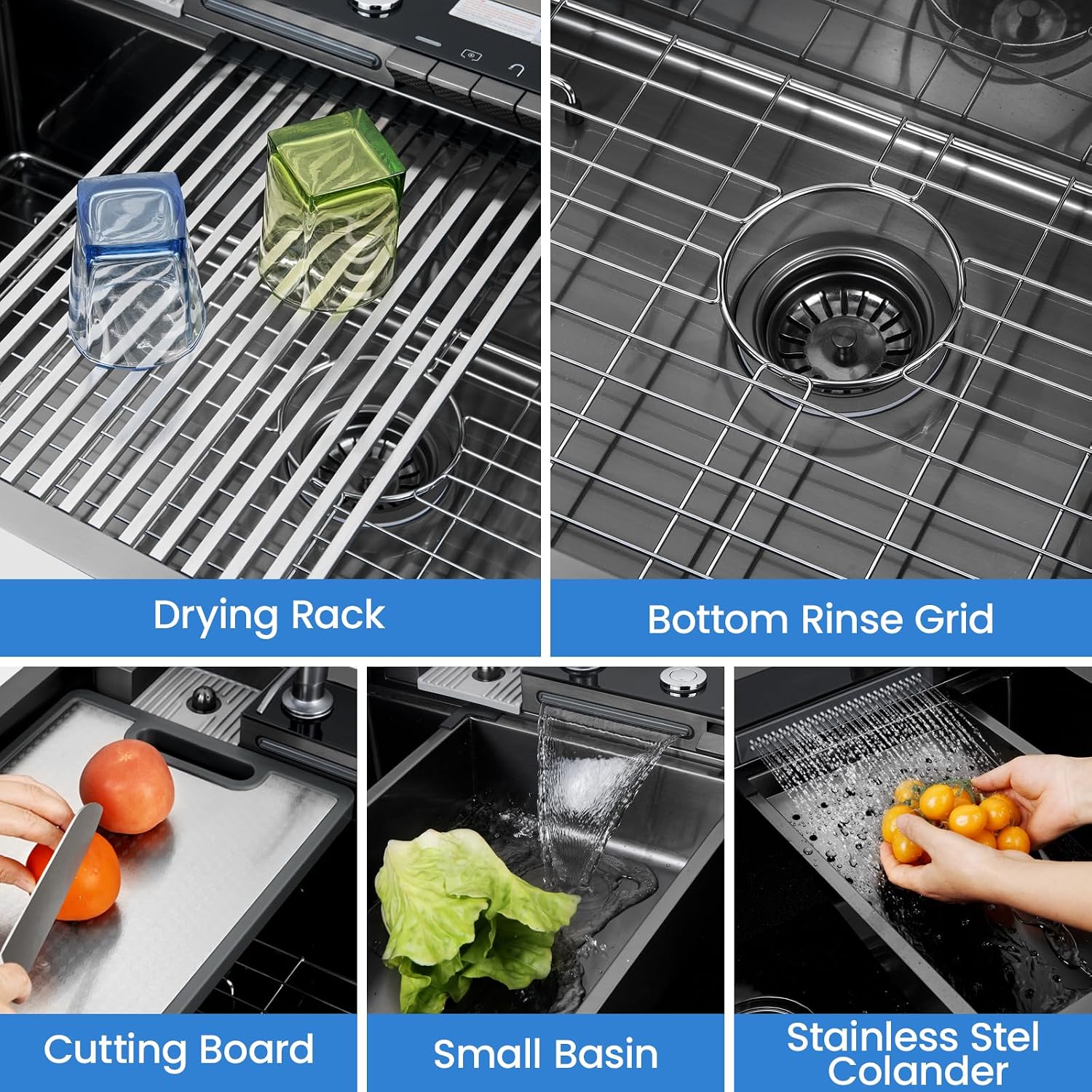 33x22 Inch Smart Waterfal Kitchen Sink Workstation, Gunmetal Black Drop-In Sink Handmade 16 Gauge Stainless Steel Single Bowl