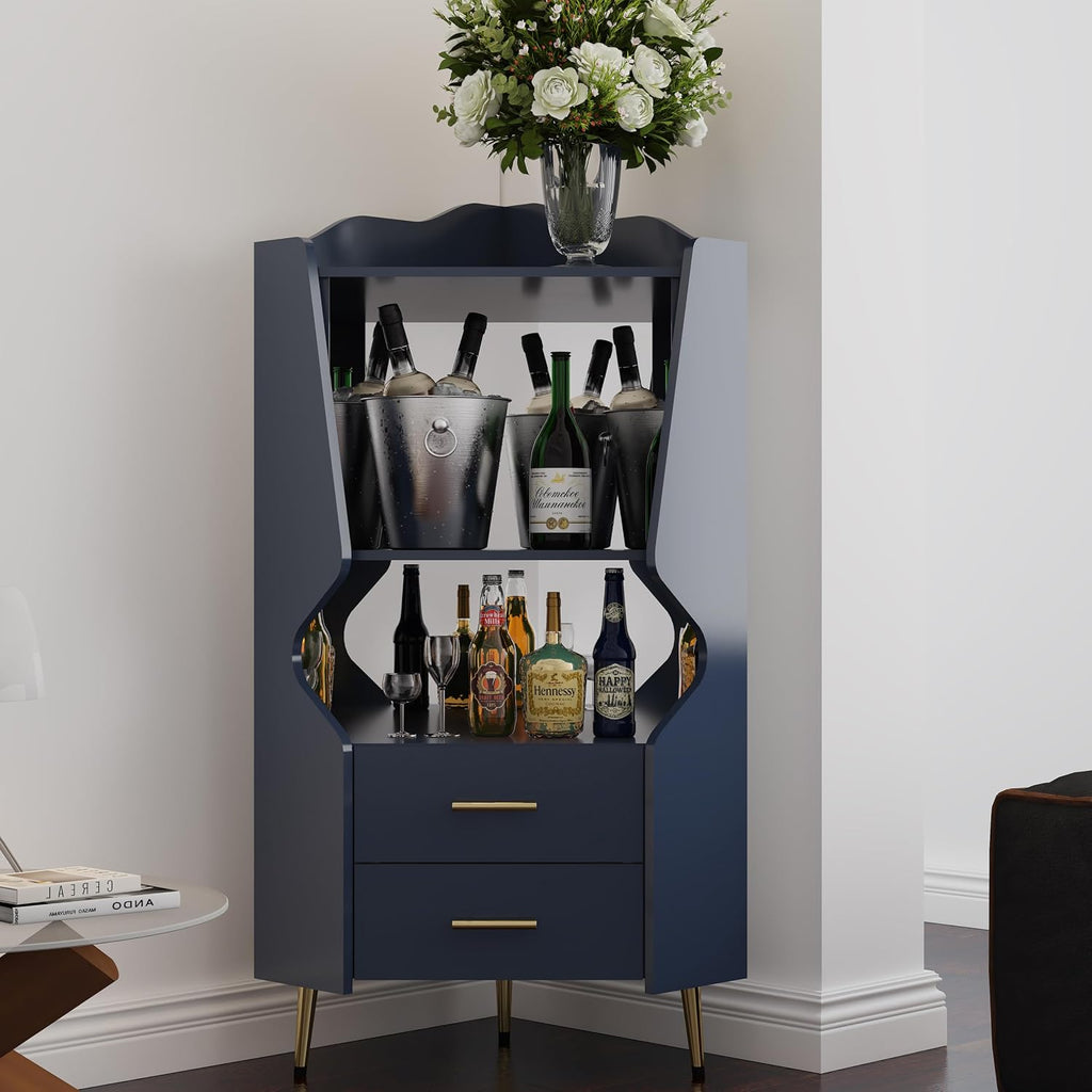 GDFStudio Wooden Corner Shelf Cabinet, Mirrored Back Coffee Bar Cabinets with Drawers & Open Storage, High Feet Corner Wine Rack Liquor Stand Kitchen Storage Cabinet for Living Room Dining Room, Blue