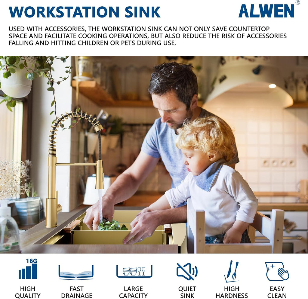 30' Luxury Gold Farmhouse Sink – ALWEN 16 Gauge Workstation Apron Front Sink, 10' Depth Single Bowl with R10 Radius & Accessories