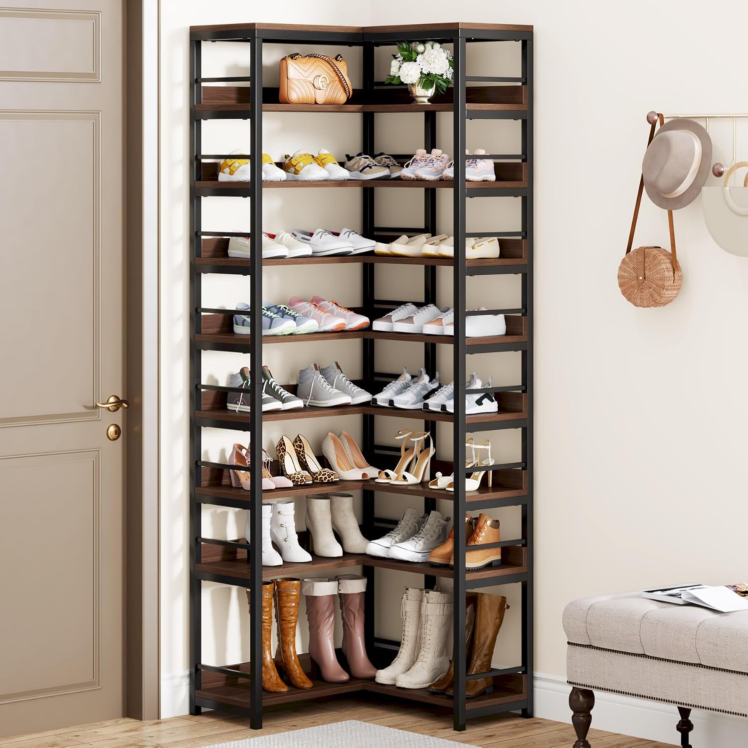 Tribesigns 9 Tiers Corner Shoe Rack, Tall Vertical Shoe Rack Organizer, Free Standing Large Shoe Storage Shelf for Entryway Hallway Closet, Space Saving, Rustic Brown