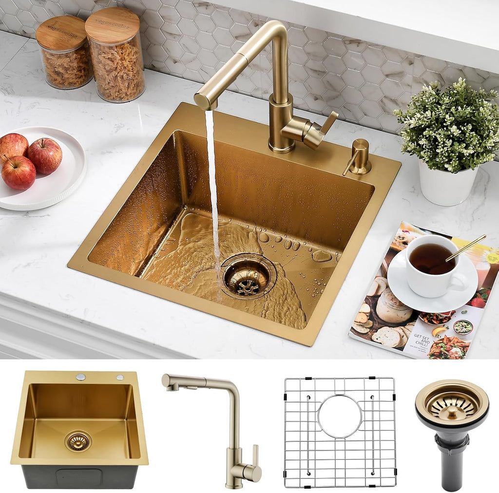 15 Inch Drop In Bar Sink with Faucet Combo | Gold Stainless Steel, Topmount Single Bowl, Durable Modern Design | Small Sink for RV, Bar Prep & Small Kitchens