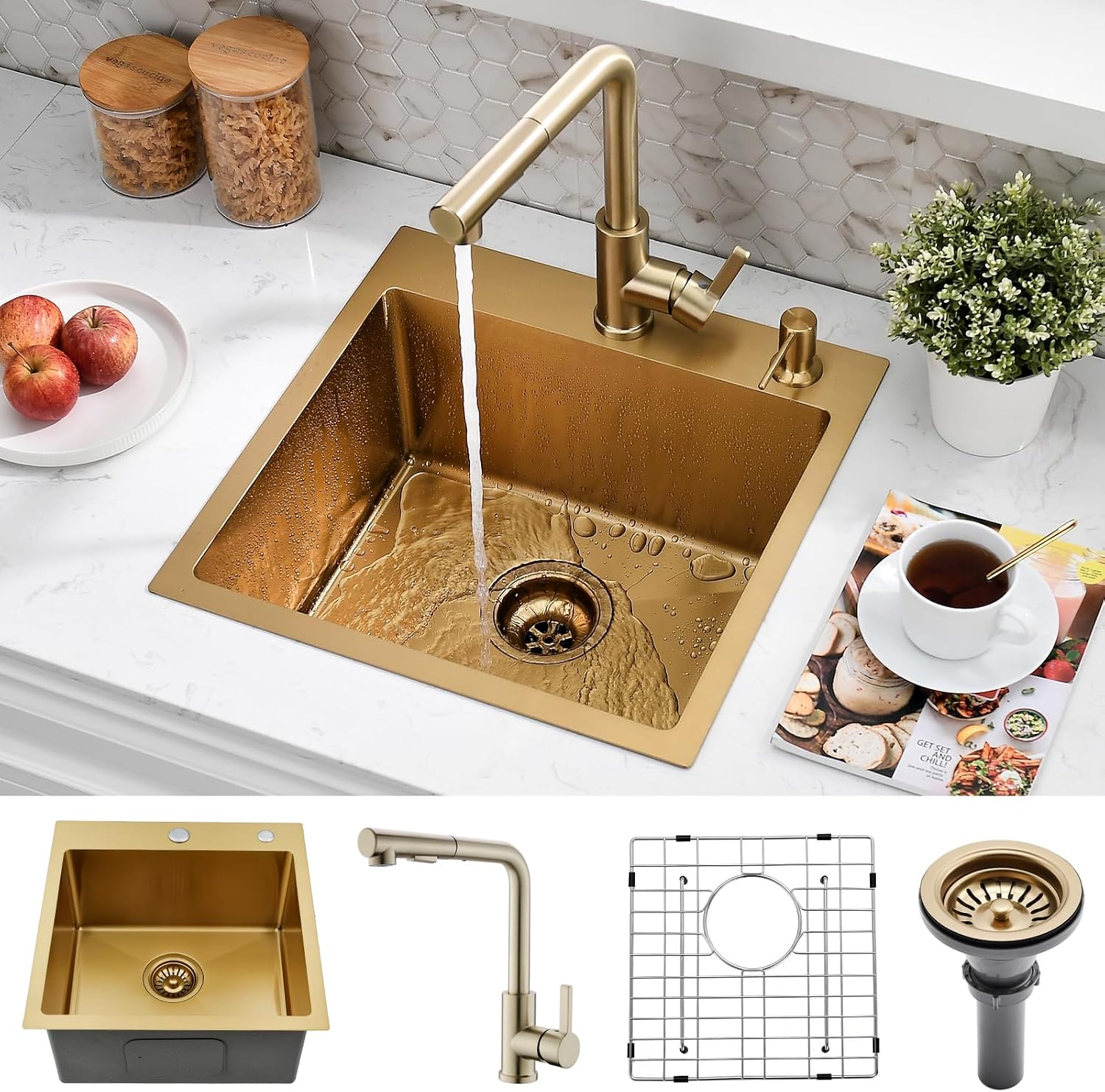 15 Inch Drop In Bar Sink with Faucet Combo | Gold Stainless Steel, Topmount Single Bowl, Durable Modern Design | Small Sink for RV, Bar Prep & Small Kitchens