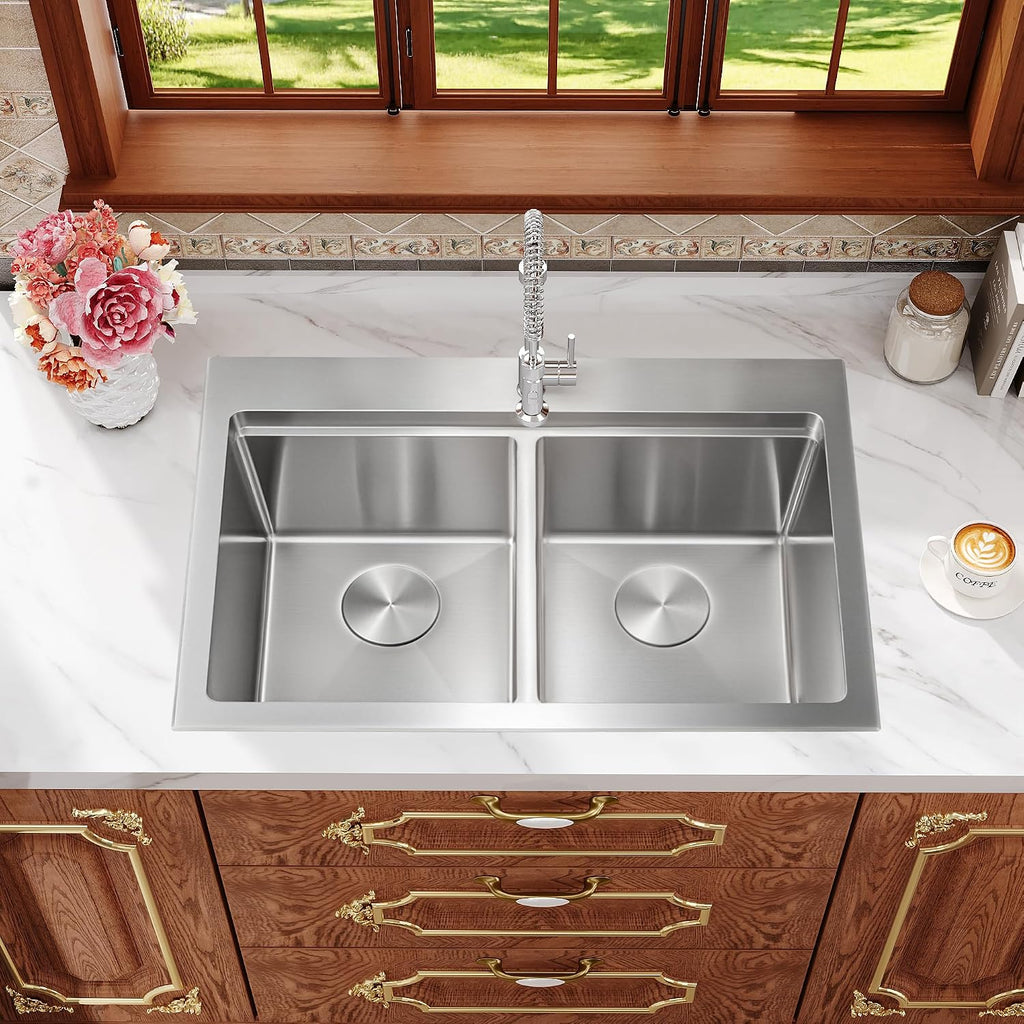 Rhbamoa Double Bowl Drop In Kitchen Sink 31 Inch,16-Gauge T304 Stainless Steel Topmount Kitchen Sink,50/50 Double Bowl Kitchen Sinks,10 Inch Deep Sinks with All Accessories, Brushed Finish