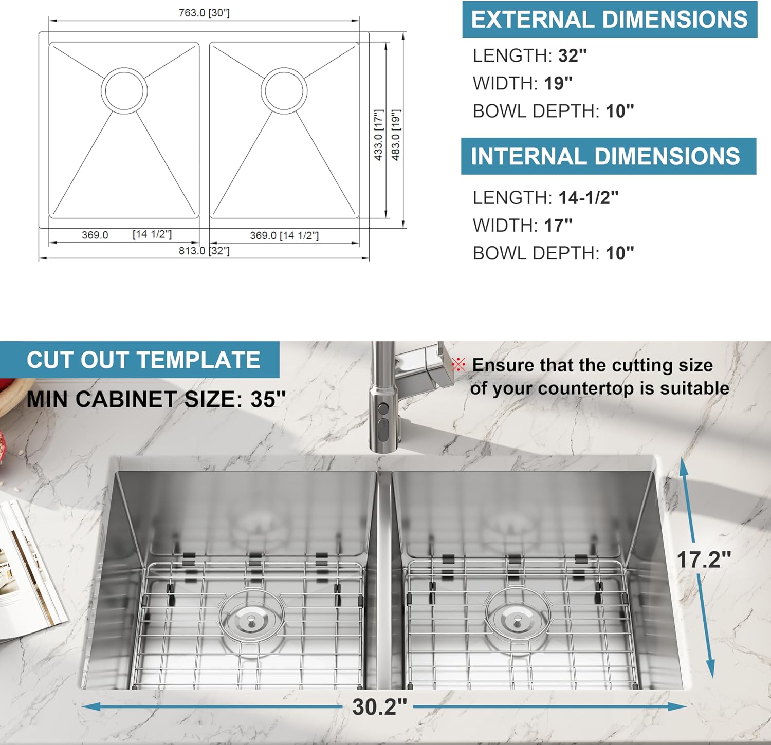 32 Inch Undermount Handmade Double Bowl Kitchen Sink, 16 Gauge 304 Stainless Steel 50/50 Rectangular Large Capacity Kitchen Sinks, Strainer and Grid Included, 32' x 19' x 10'