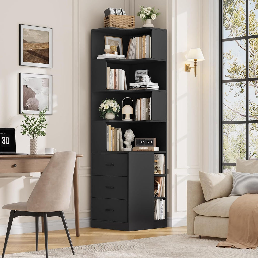 FACBOTALL 76.8' Corner Bookshelf with 3 Drawers and 3 Side Storage Cubbies, L Shaped Tall Bookshelf and Bookcase, 4 Tier Corner Bookcase, Wood Narrow Book Shelf for Living Room, Office, Black