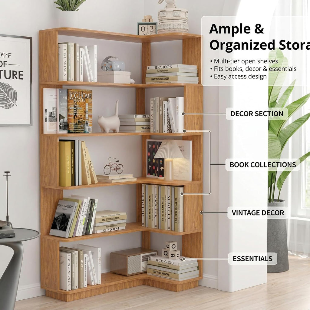 6 Tier Corner Bookshelf, Freestanding L-Shaped Wooden Bookcase with Open Shelves, Anti-Fall Panels and Anti-Tipping Device for Living Room, Home Office (Dark Oak with Left Extension)