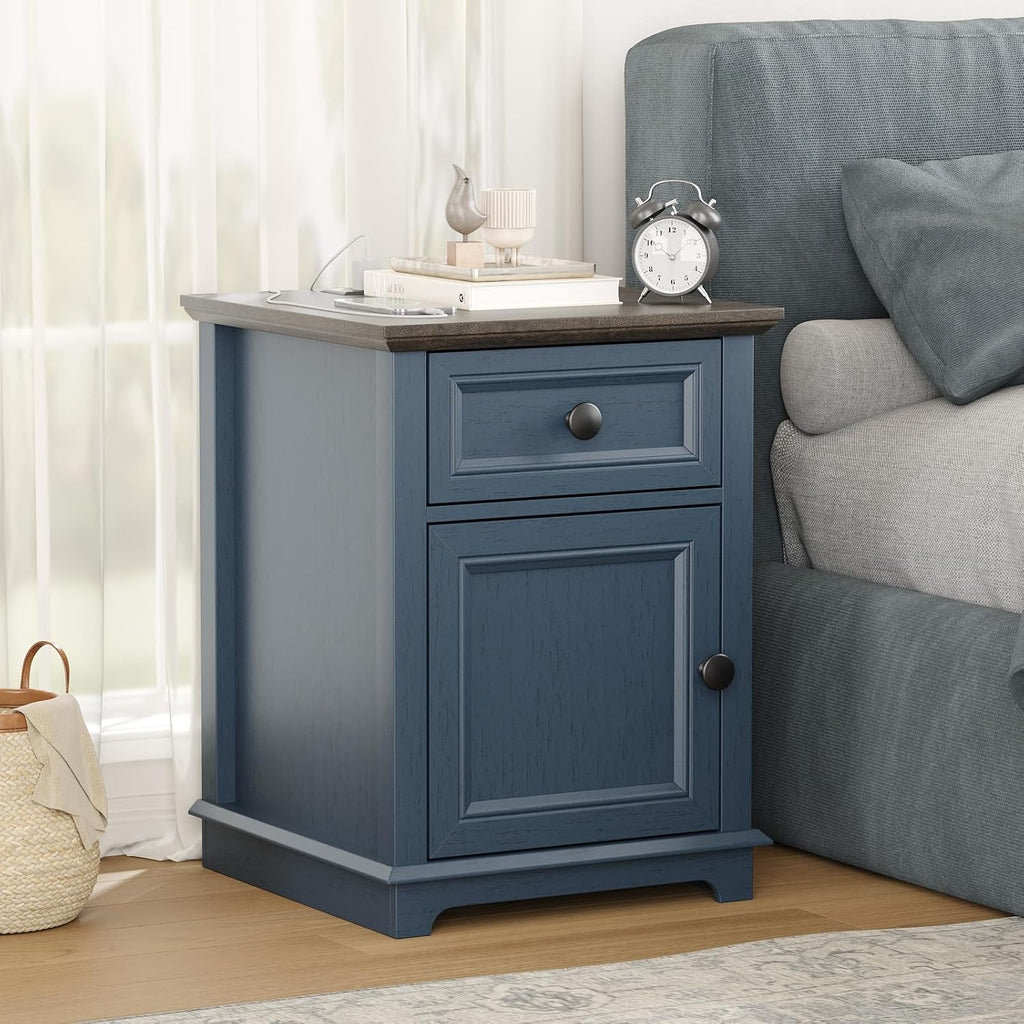 REDAYFUR 24' Tall End Table with Fast Charging Station, Square Side Table with Drawer & Large Storage Cabinet, Vintage Wooden Table for Living Room/Bedroom, Blue